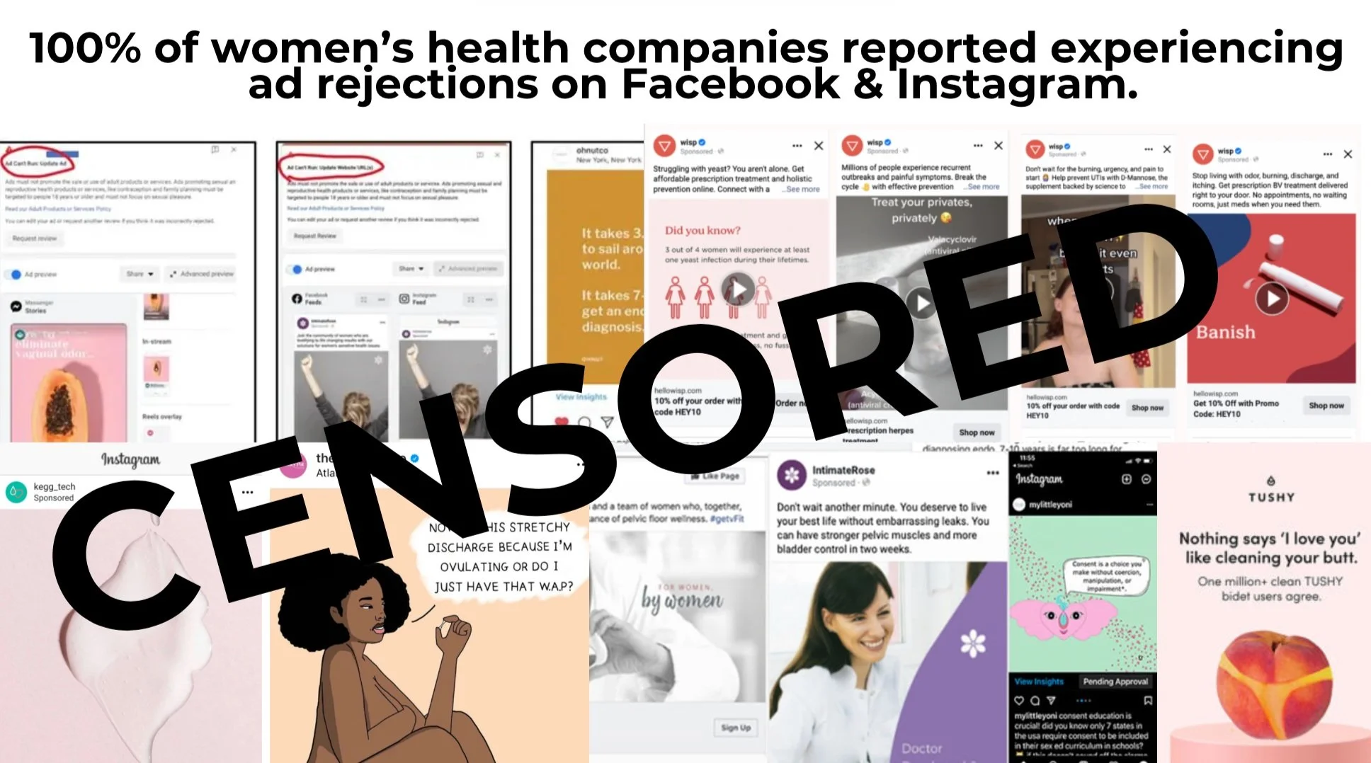 Collage of social media ads and posts from women’s health companies, with a large black overlay text reading "CENSORED."