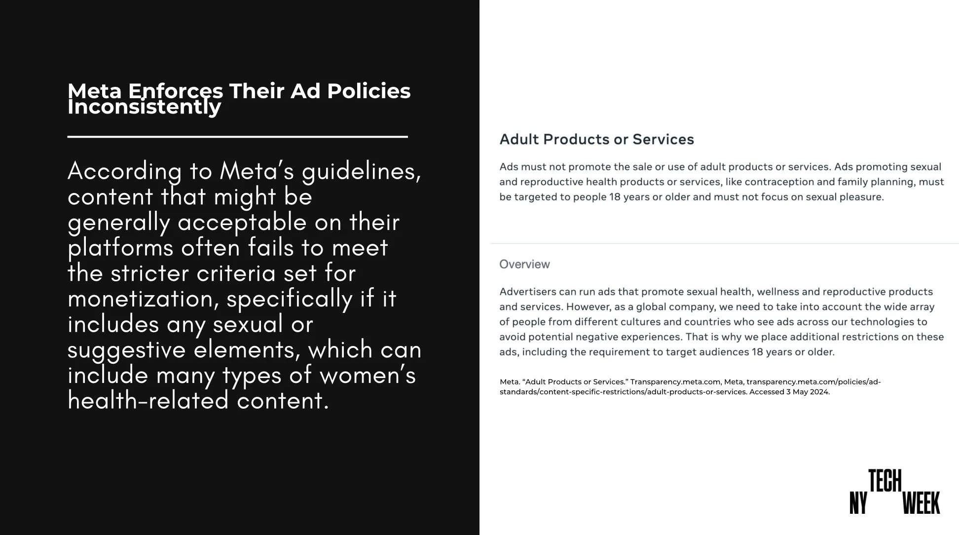 Two-page spread with black and white text discussing Meta's ad policies, focusing on adult products and services, including guidelines and restrictions, with the Tech NY Week logo in the bottom right corner.
