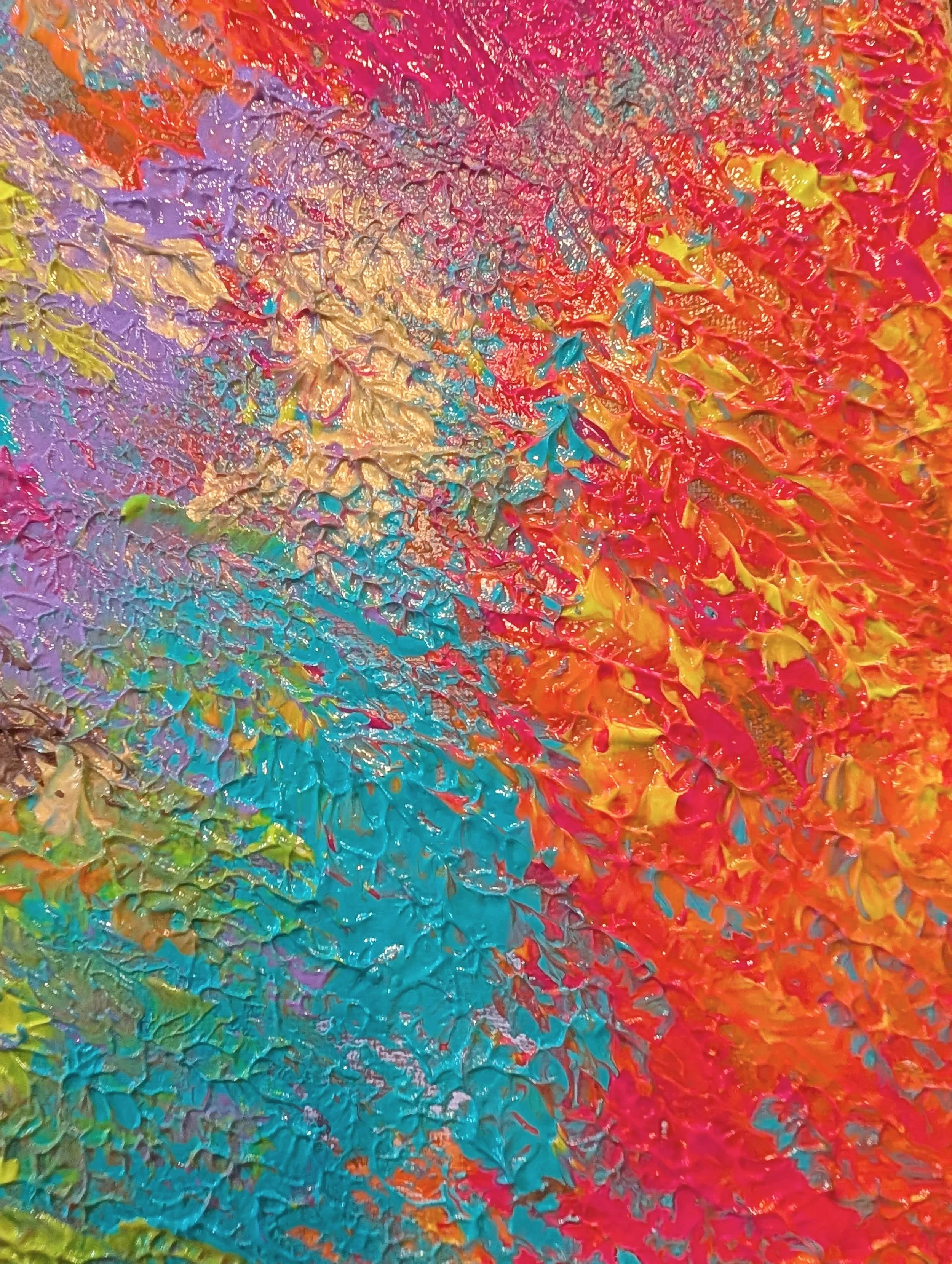 A colorful abstract painting with thick, textured strokes of purple, pink, orange, yellow, blue, and green paint.