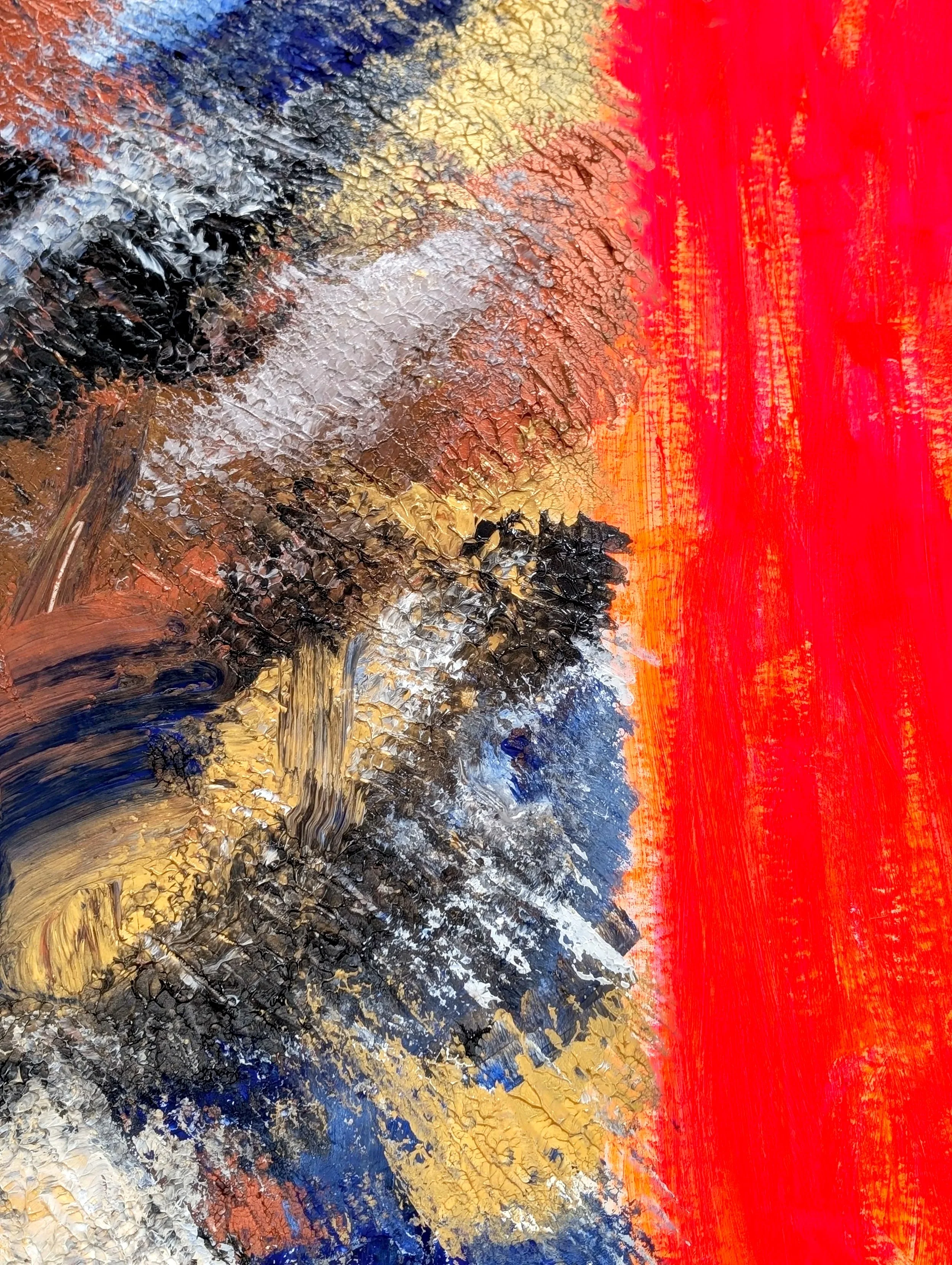 An abstract painting featuring bold red, gold, black, silver, blue, and brown colors with textured, cracked, and swirling patterns.