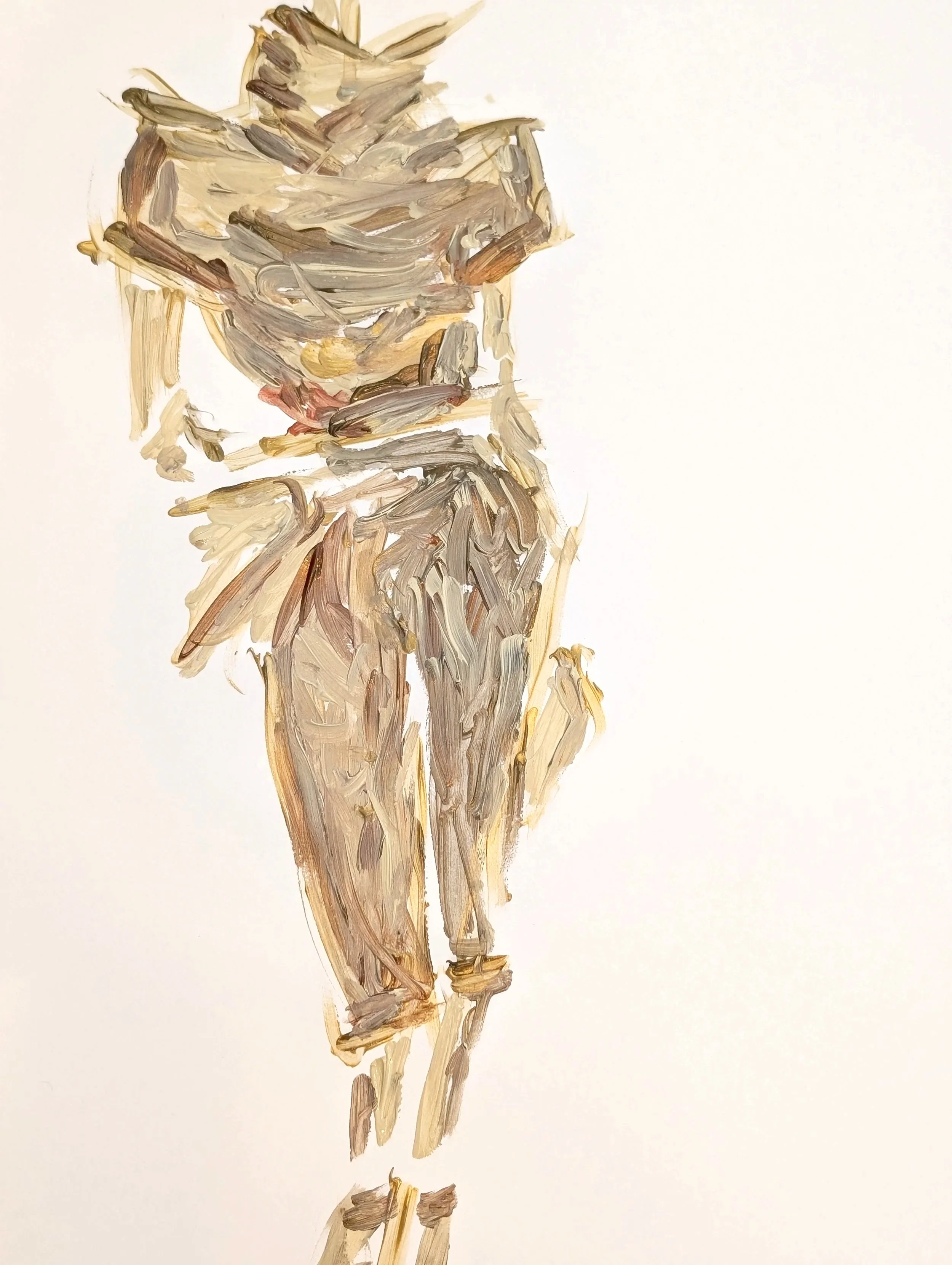 An abstract painting of a figure holding a torch, with expressive brushstrokes and a limited color palette of earthy tones.