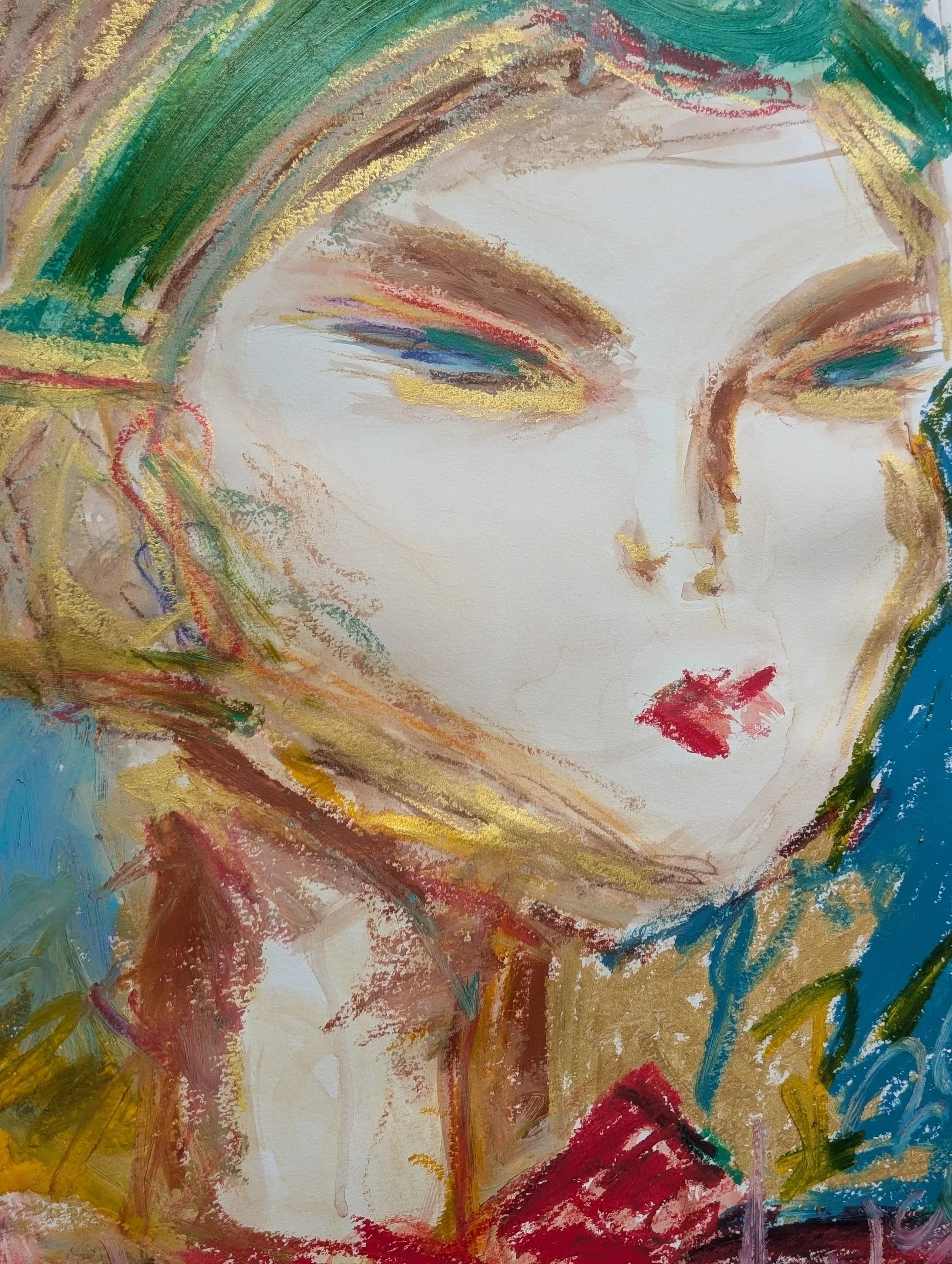 An abstract watercolor painting of a woman's face with closed eyes, lips slightly parted, and long hair, using vibrant colors like green, gold, red, and blue.
