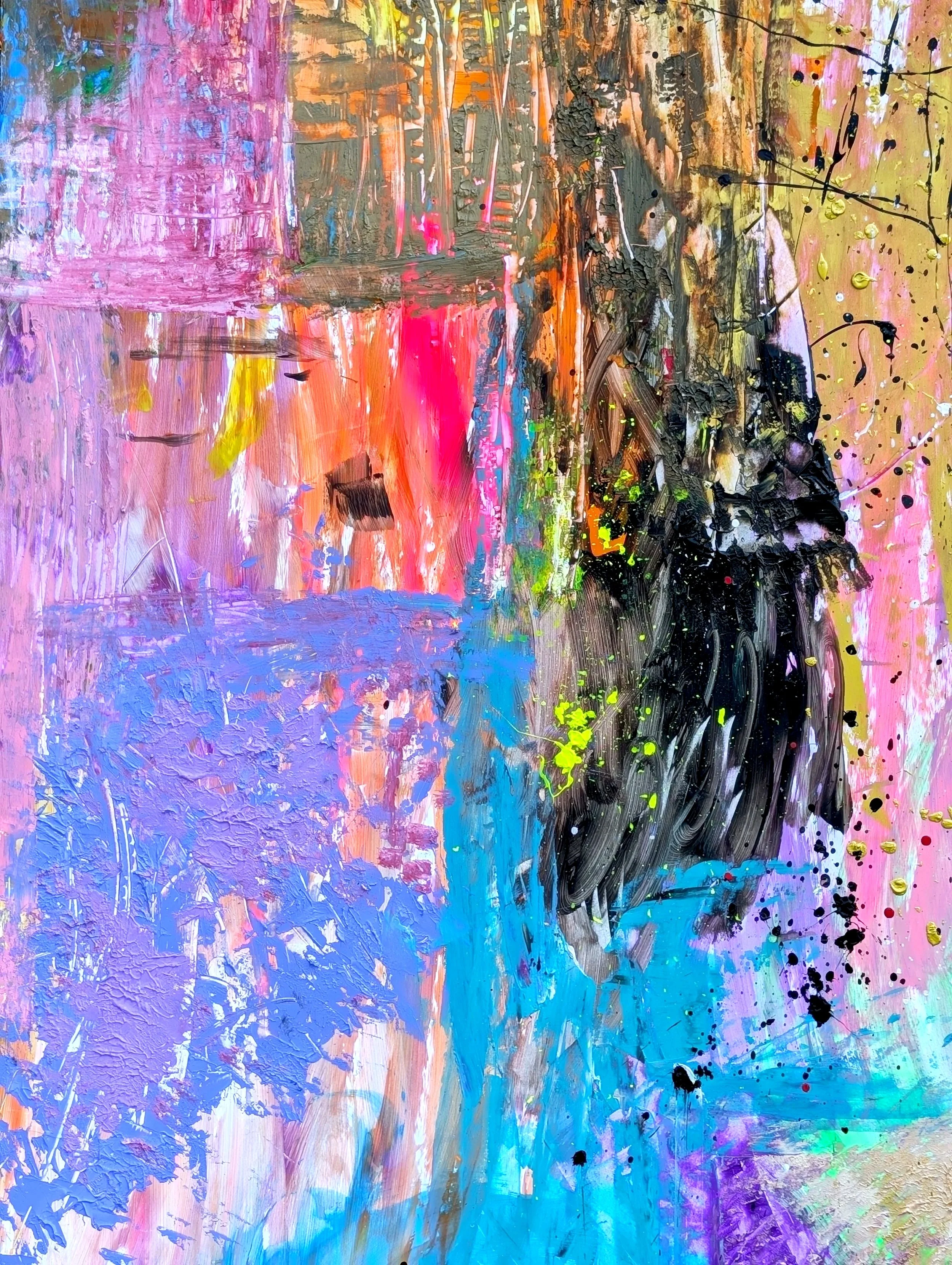 Abstract painting with bright colors and textured brushstrokes, featuring splashes of black, yellow, pink, purple, blue, and green.