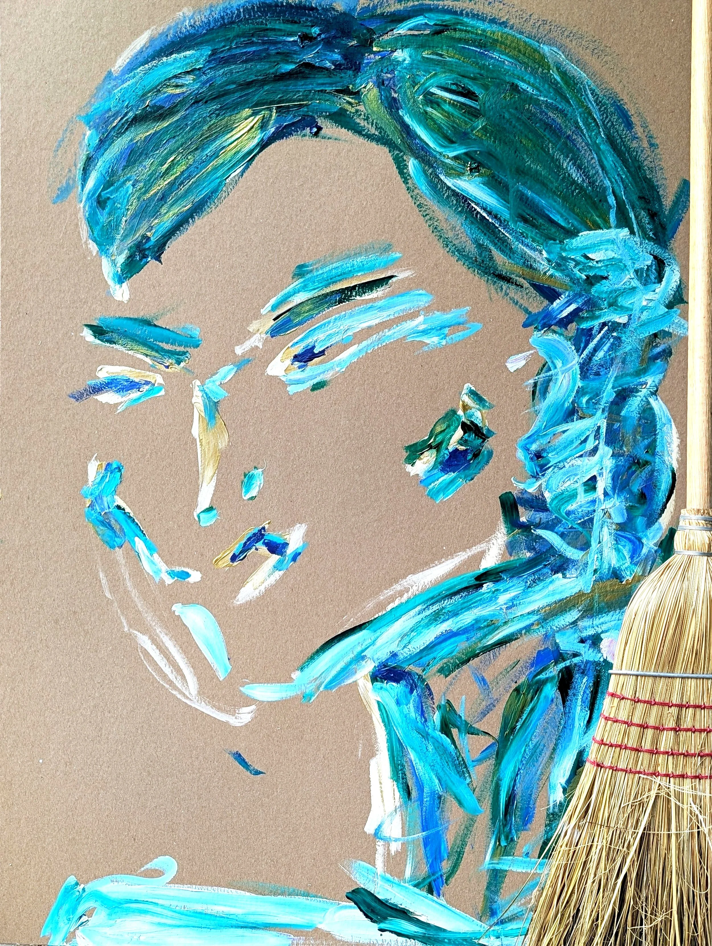 A painting of a blue and green wave crashing onto the shore with a straw brush visible at the bottom right.
