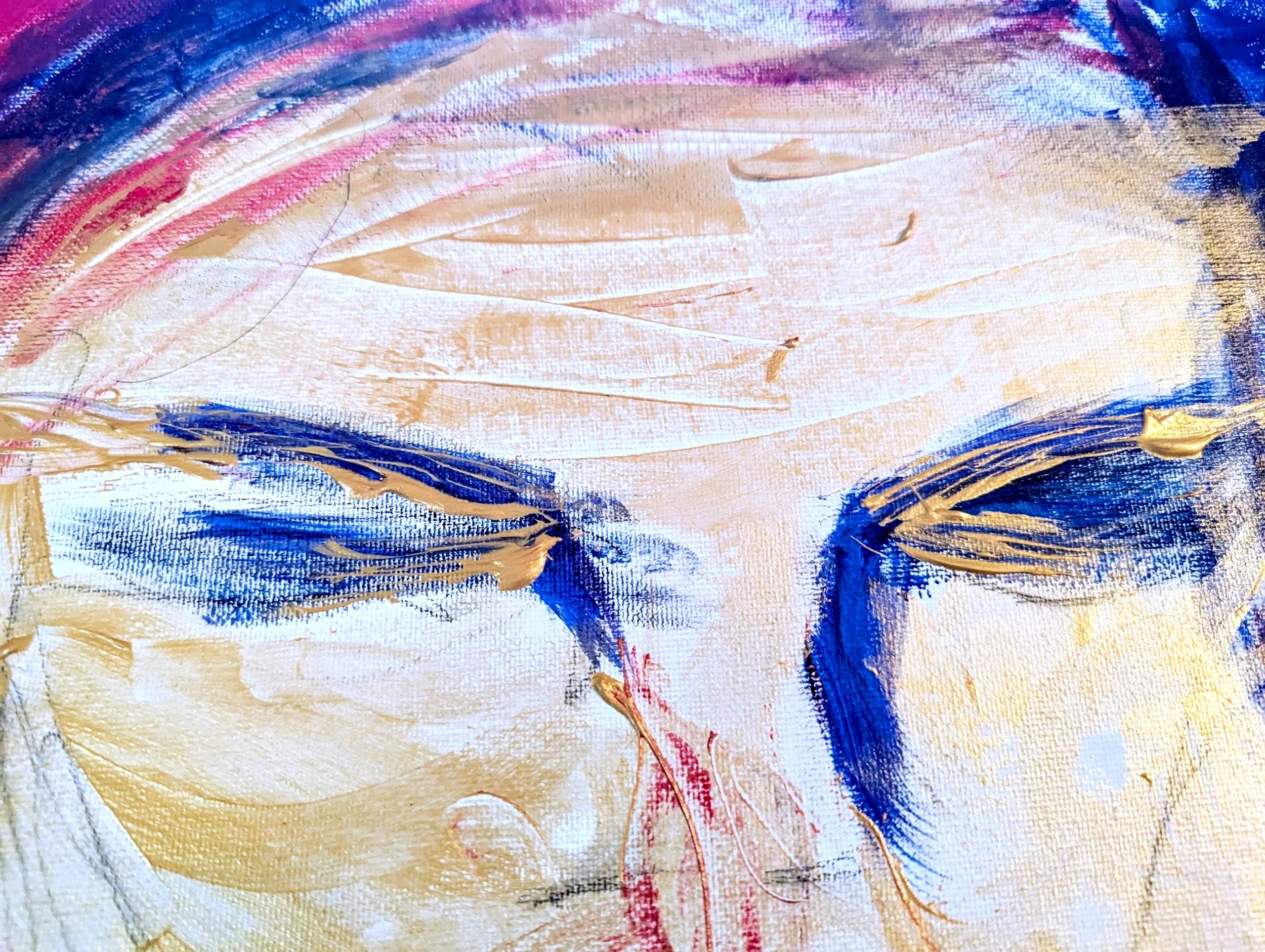 A close-up of a textured abstract painting with prominent blue, beige, pink, and gold brushstrokes.