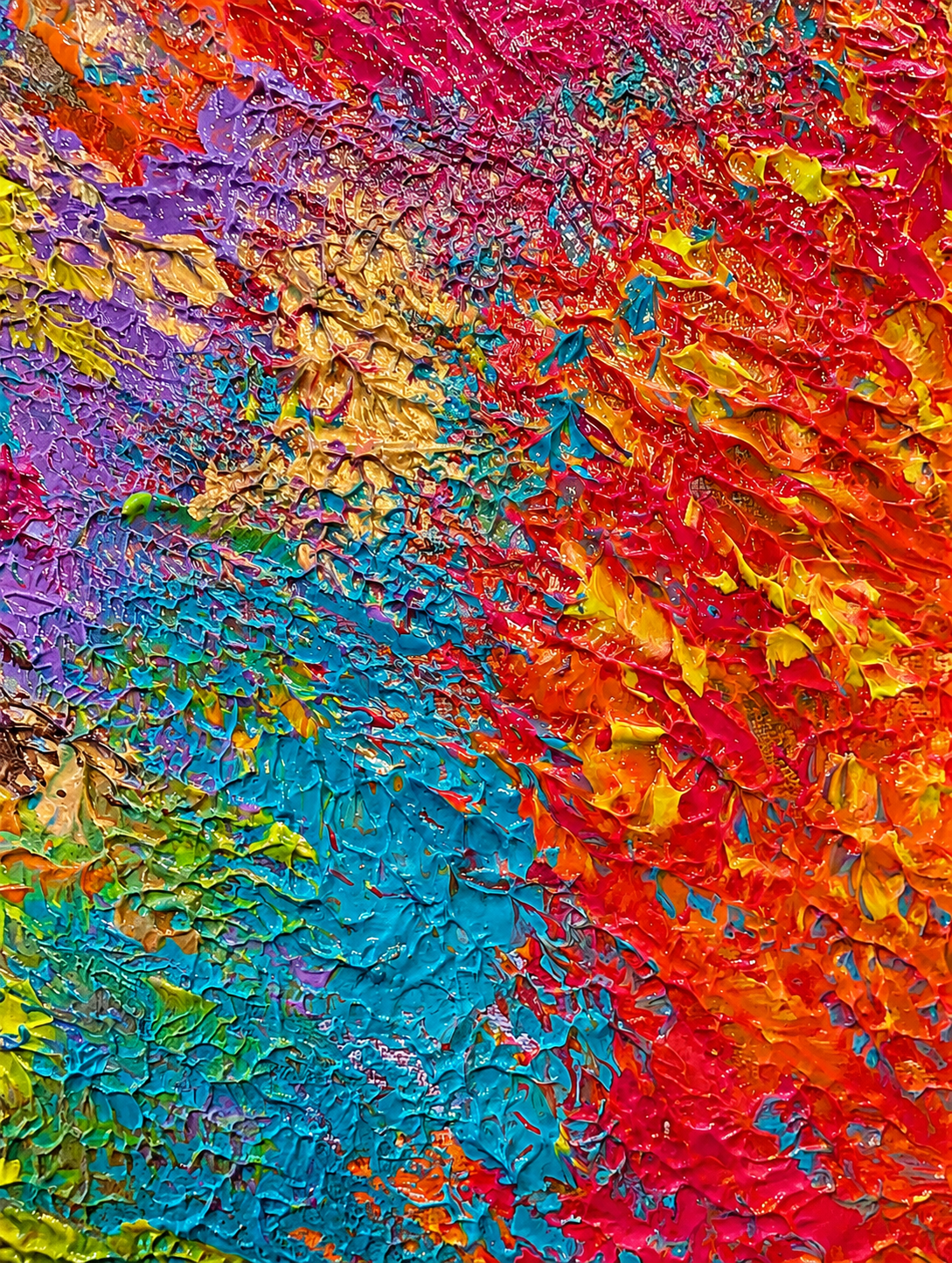 A colorful abstract painting with thick, textured strokes of purple, pink, orange, yellow, blue, and green paint.