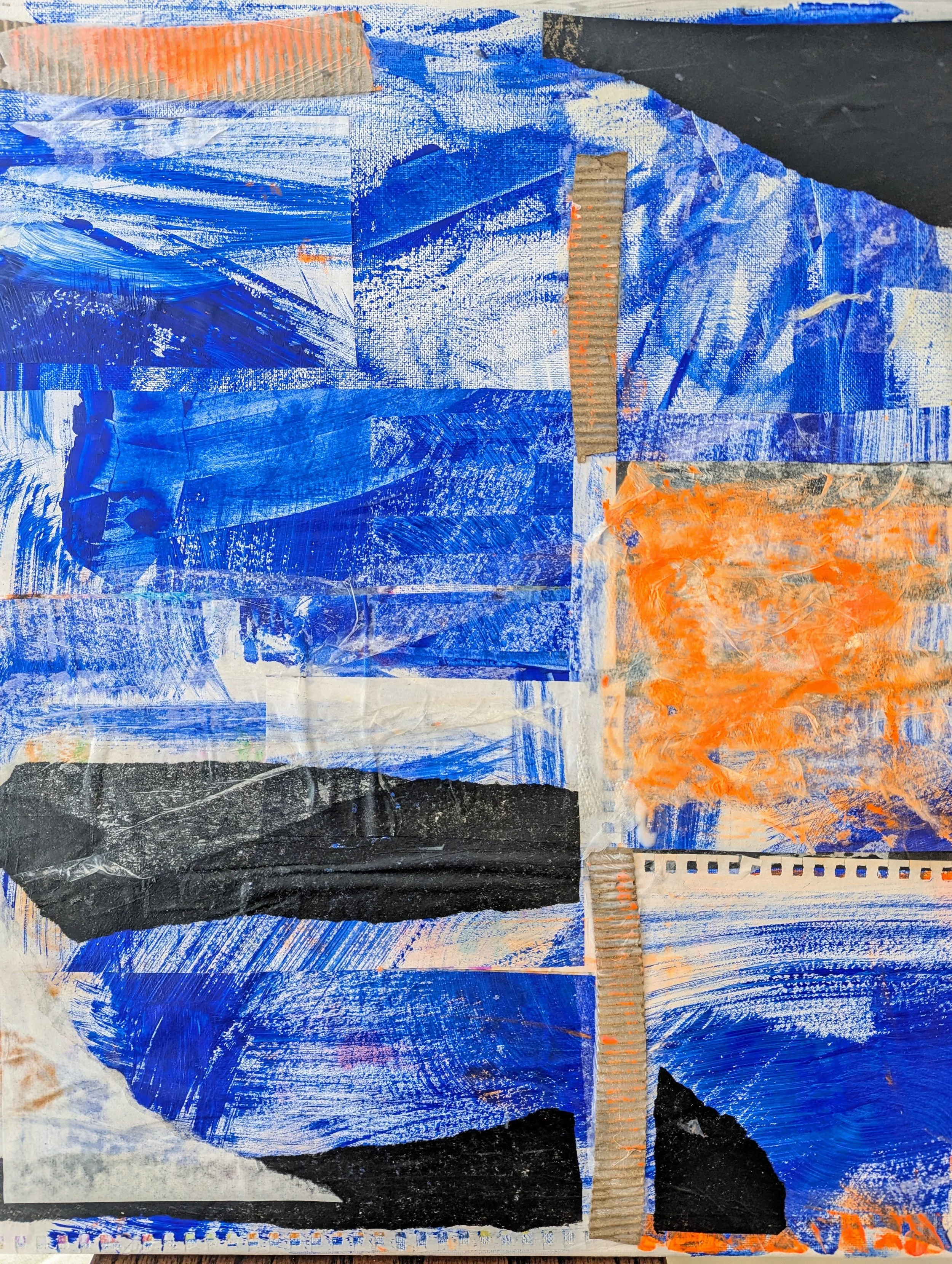 Abstract mixed media artwork with bold blue, black, orange, and white paint strokes and textured elements.