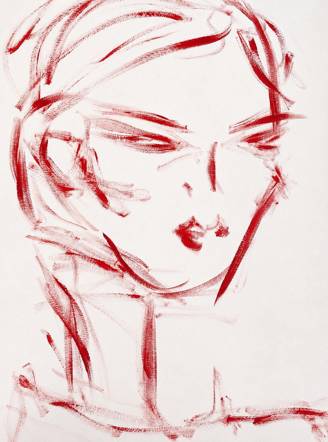 Child's drawing of a face with red lines on white paper.