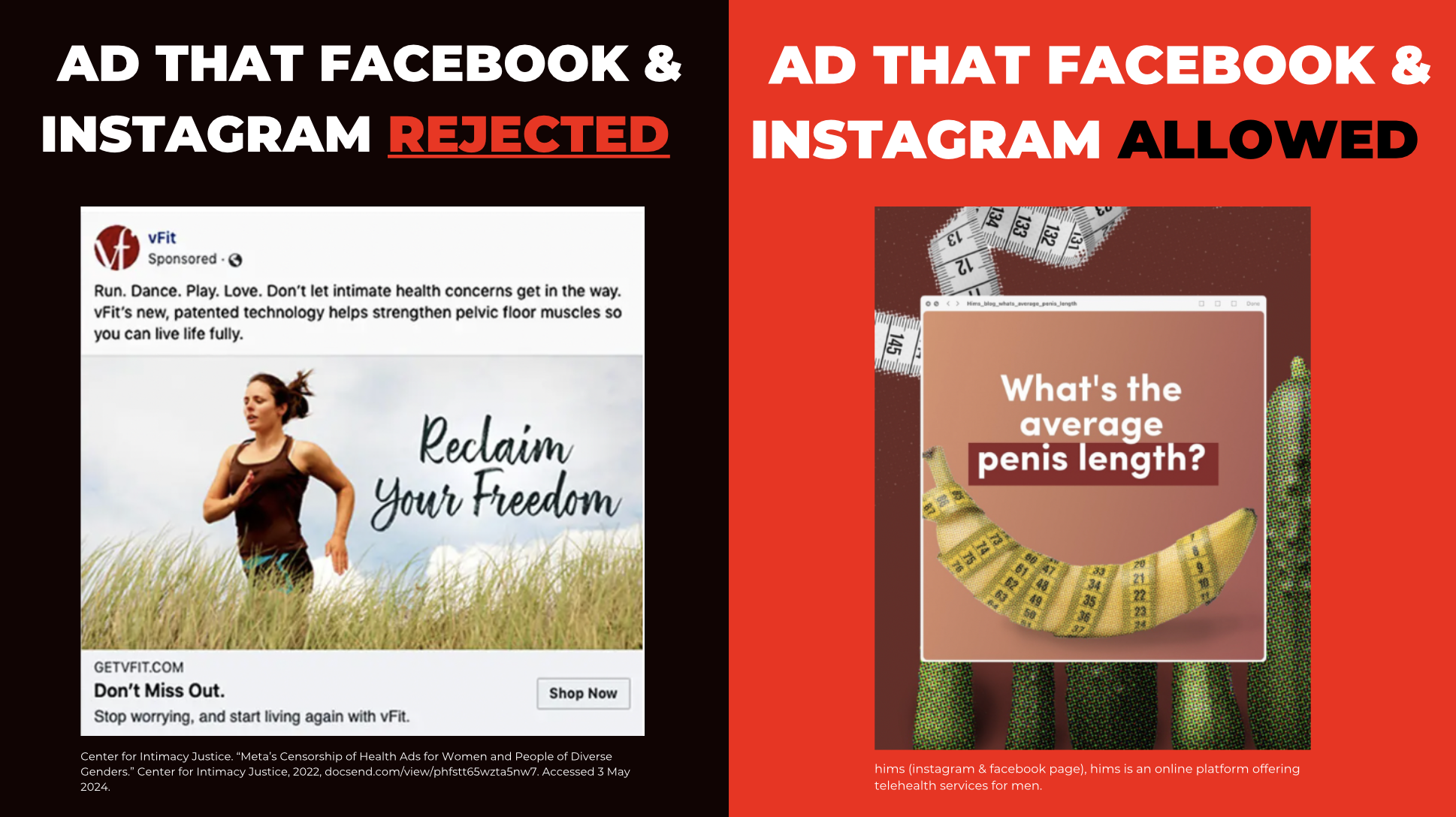 Comparison graphic showing Facebook and Instagram ads. The left side, labeled 'Ad that Facebook & Instagram rejected,' features a woman running outdoors with text promoting pelvic health technology. The right side, labeled 'Ad that Facebook & Instagr