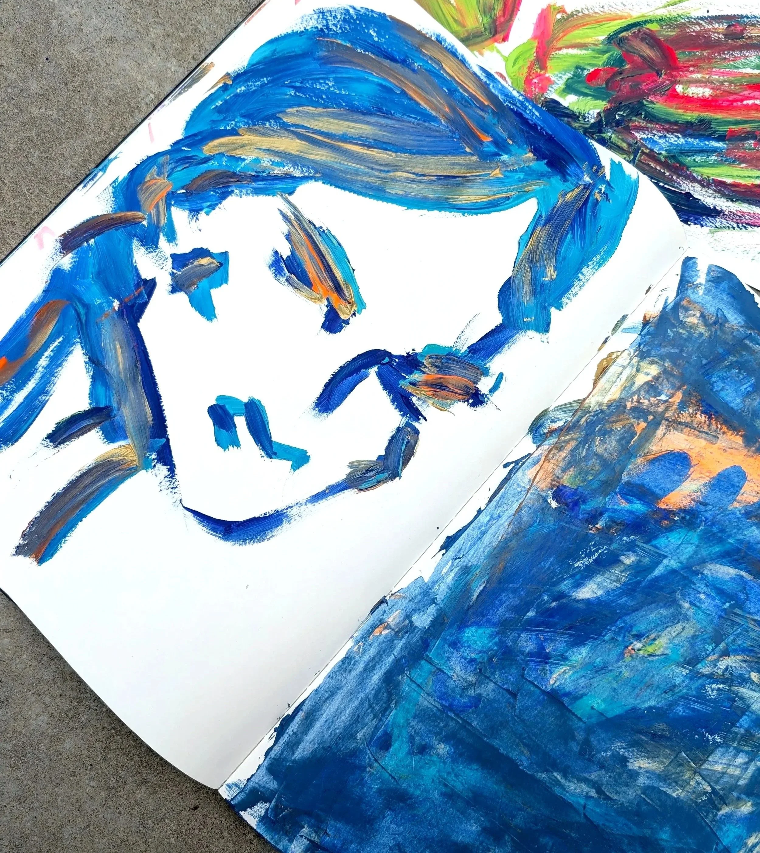 Abstract colorful swirling paint with shades of purple, blue, green, yellow, and white, featuring glitter accents.