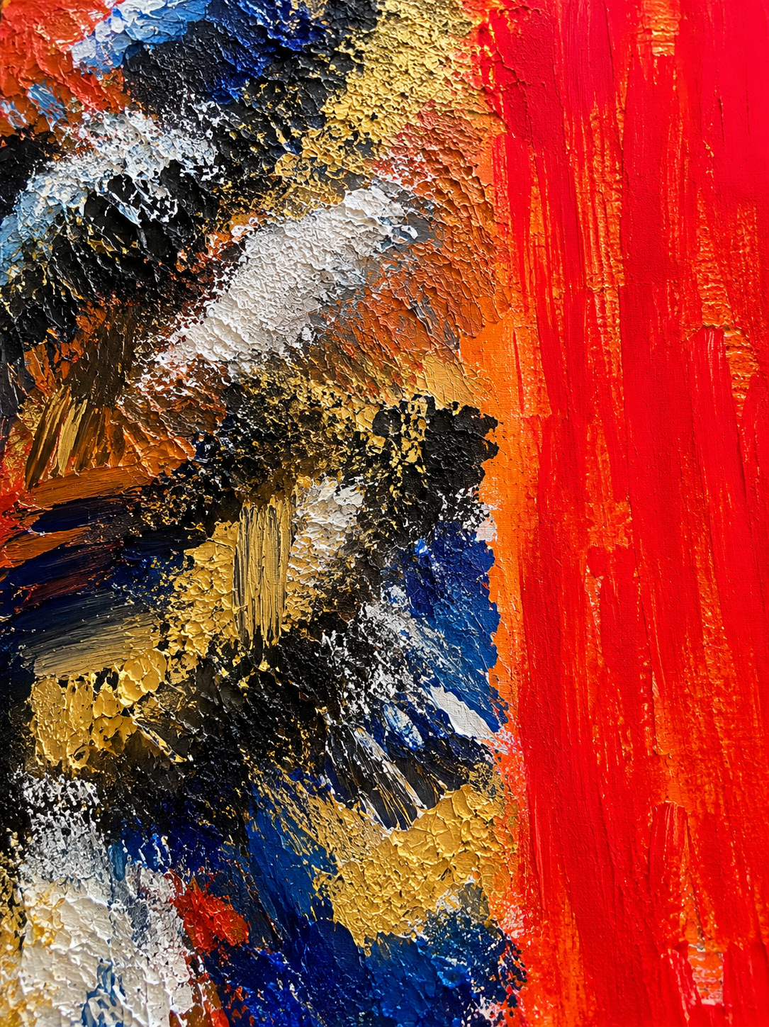An abstract painting featuring bold red, gold, black, silver, blue, and brown colors with textured, cracked, and swirling patterns.