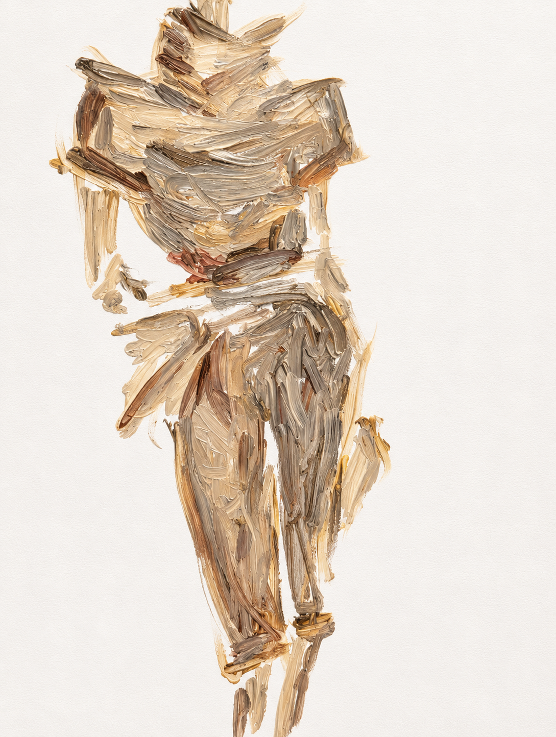 An abstract painting of a figure holding a torch, with expressive brushstrokes and a limited color palette of earthy tones.
