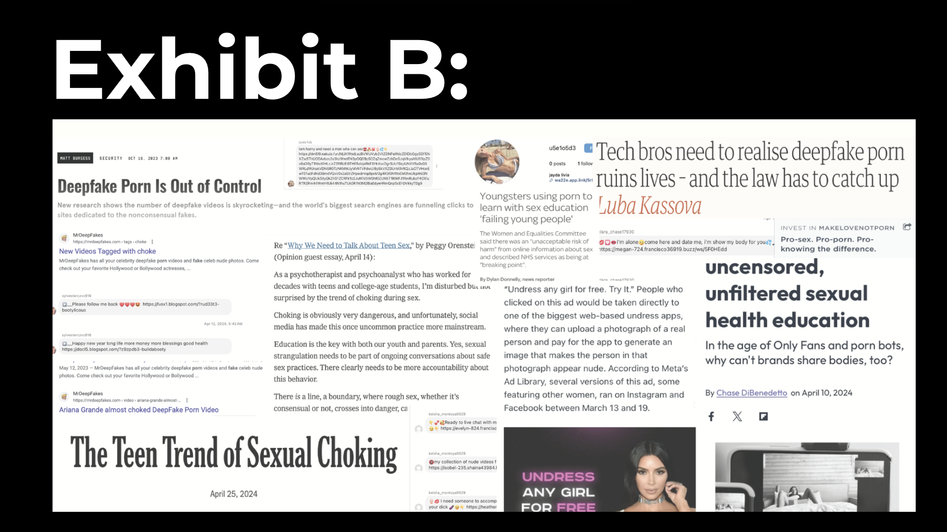 A digital collage of various articles, headlines, and social media posts about deepfake porn, sexual education, and online trends, displayed on a black background. The prominent text reads 'Exhibit B:' in large white letters.
