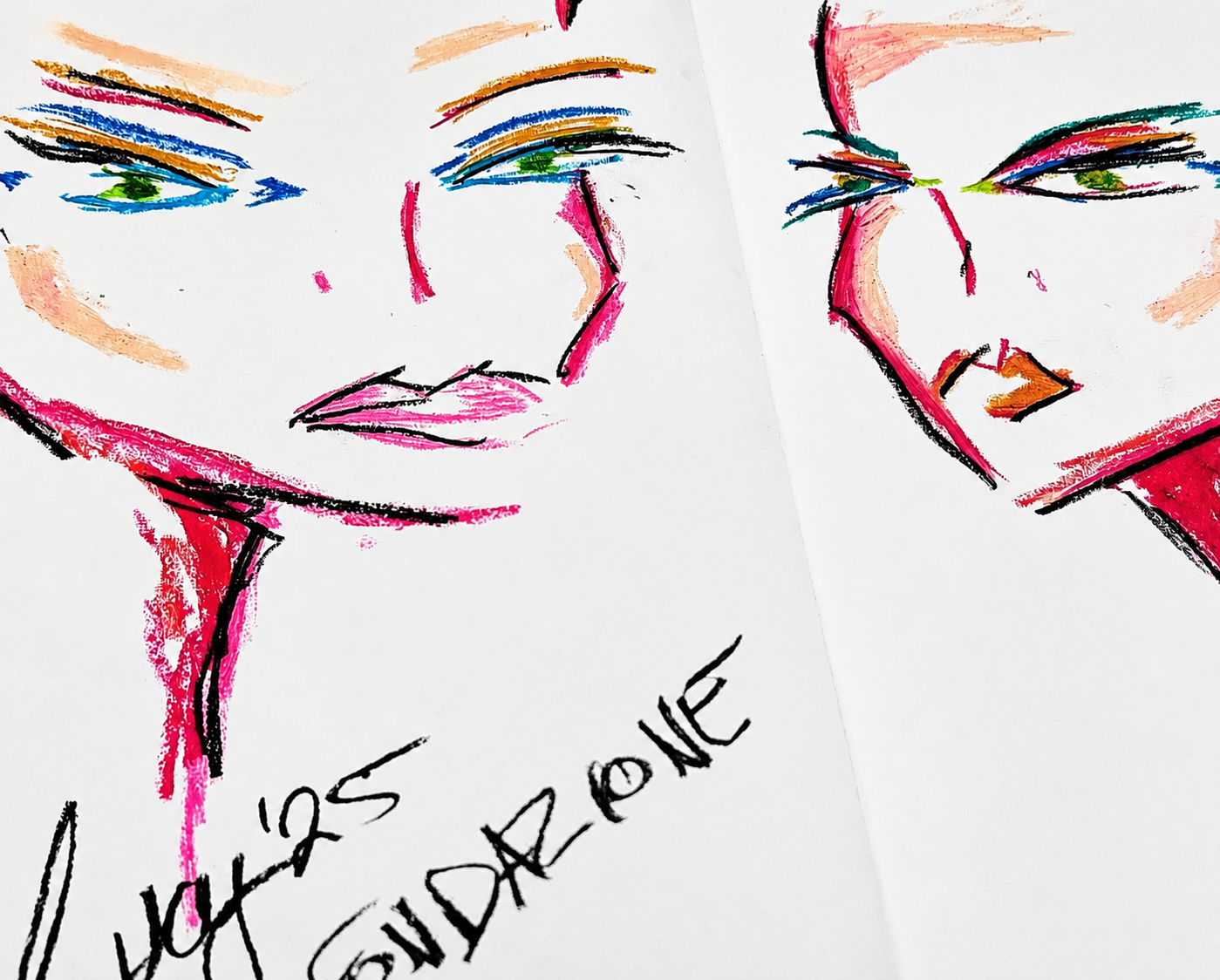 Hand-drawn portraits of two women using colorful markers on paper. The left portrait depicts a woman with short hair and closed eyes, while the right portrait shows a woman with long hair and closed eyes, both with minimal facial details.