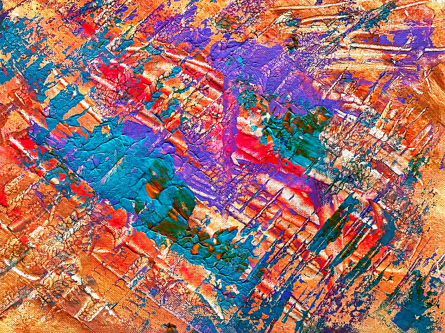 Abstract colorful painting with textured brushstrokes in shades of orange, pink, purple, blue, and hints of green and red.