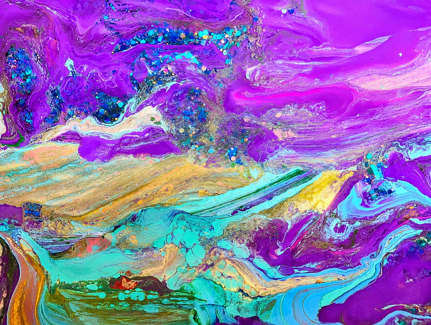 Abstract colorful swirling paint with shades of purple, blue, green, yellow, and white, featuring glitter accents.
