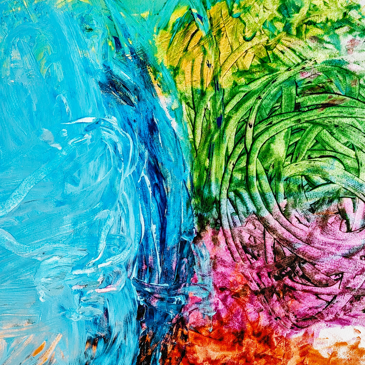 Abstract colorful painting with swirls of blue on the left and green, pink, and orange on the right, featuring brush strokes and textured patterns.