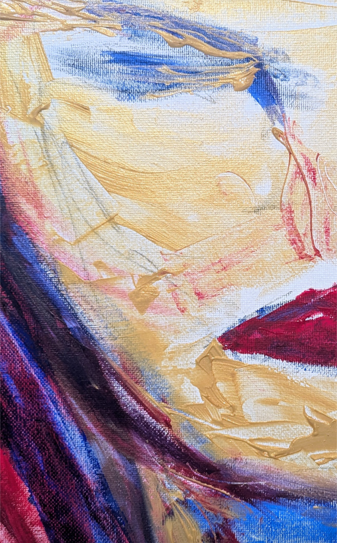 Close-up of an abstract painting featuring a woman's face with blue hair, red lips, and gold and pink swirling accents.