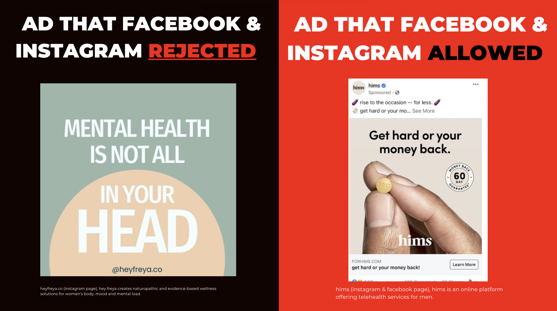 Comparison of rejected and allowed Facebook and Instagram ads; on the left, an ad with the message "Mental health is not all in your head" from heyfreya.co on a muted green background; on the right, an ad from hims promoting money-back guarantee on a