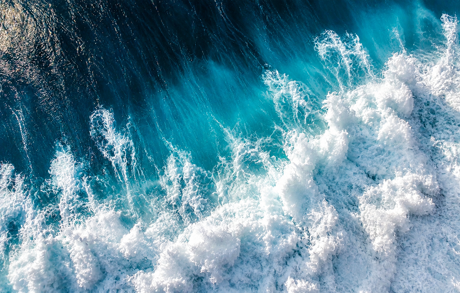 Aerial view of a large ocean wave with white foam at the crest, blue water, and a hint of green.