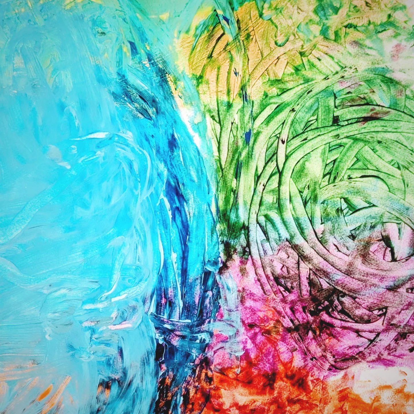 Abstract colorful painting with swirls of blue on the left and green, pink, and orange on the right, featuring brush strokes and textured patterns.