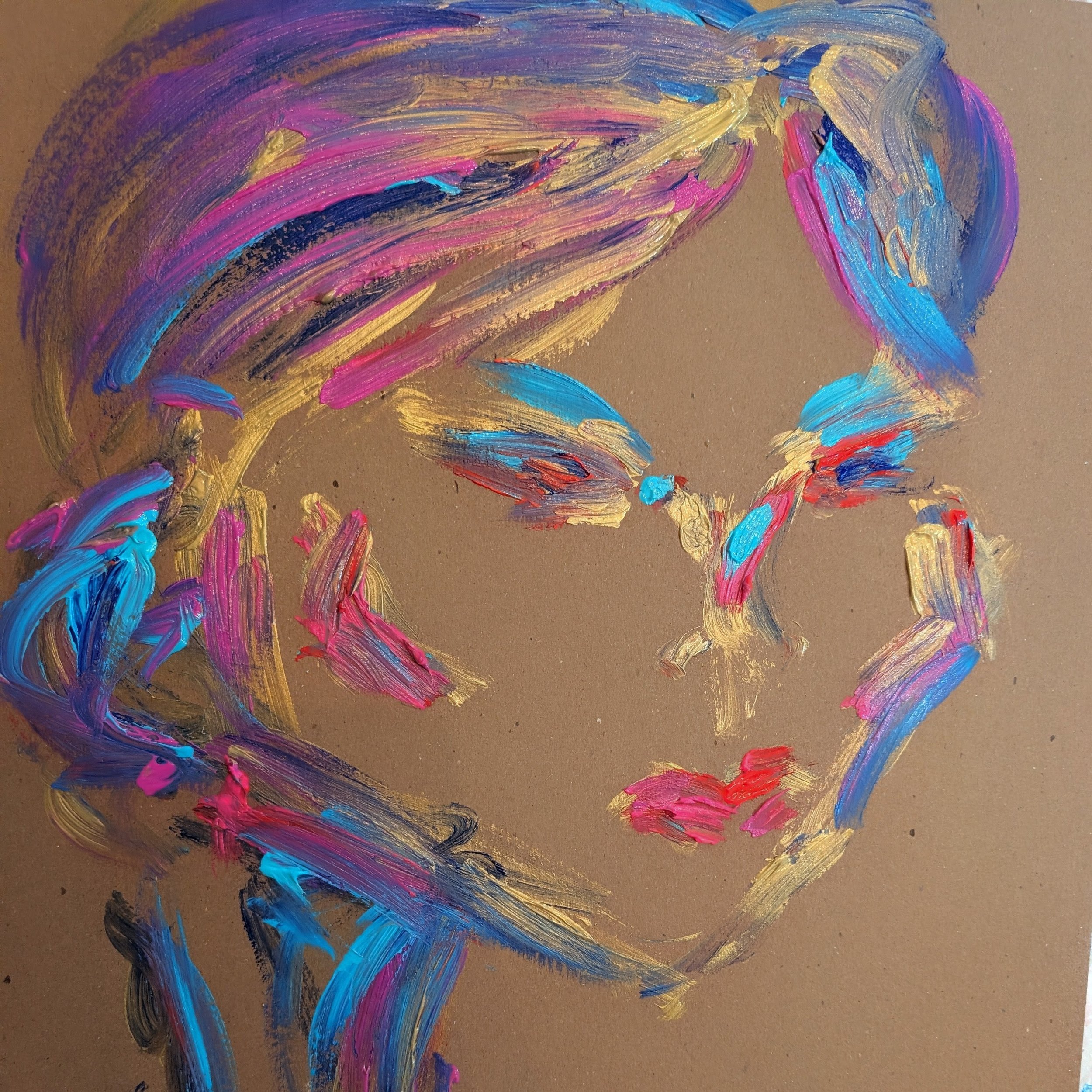 Close-up of a heart-shaped figure painted with colorful streaks of pink, blue, black, and gold on brown paper.
