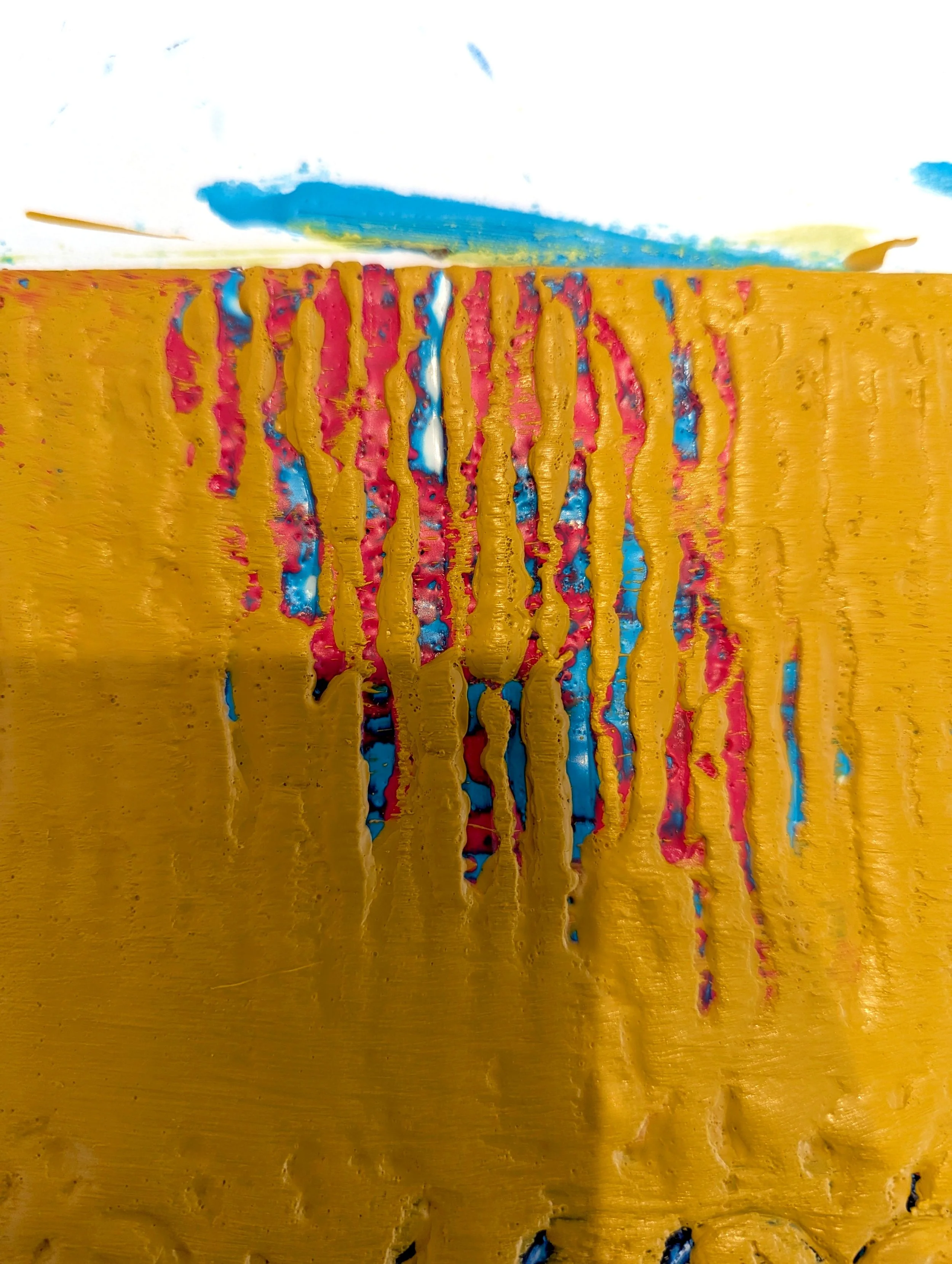 Abstract acrylic painting featuring horizontal yellow and gold textured layers over sections of mixed blue, pink, and white colors.