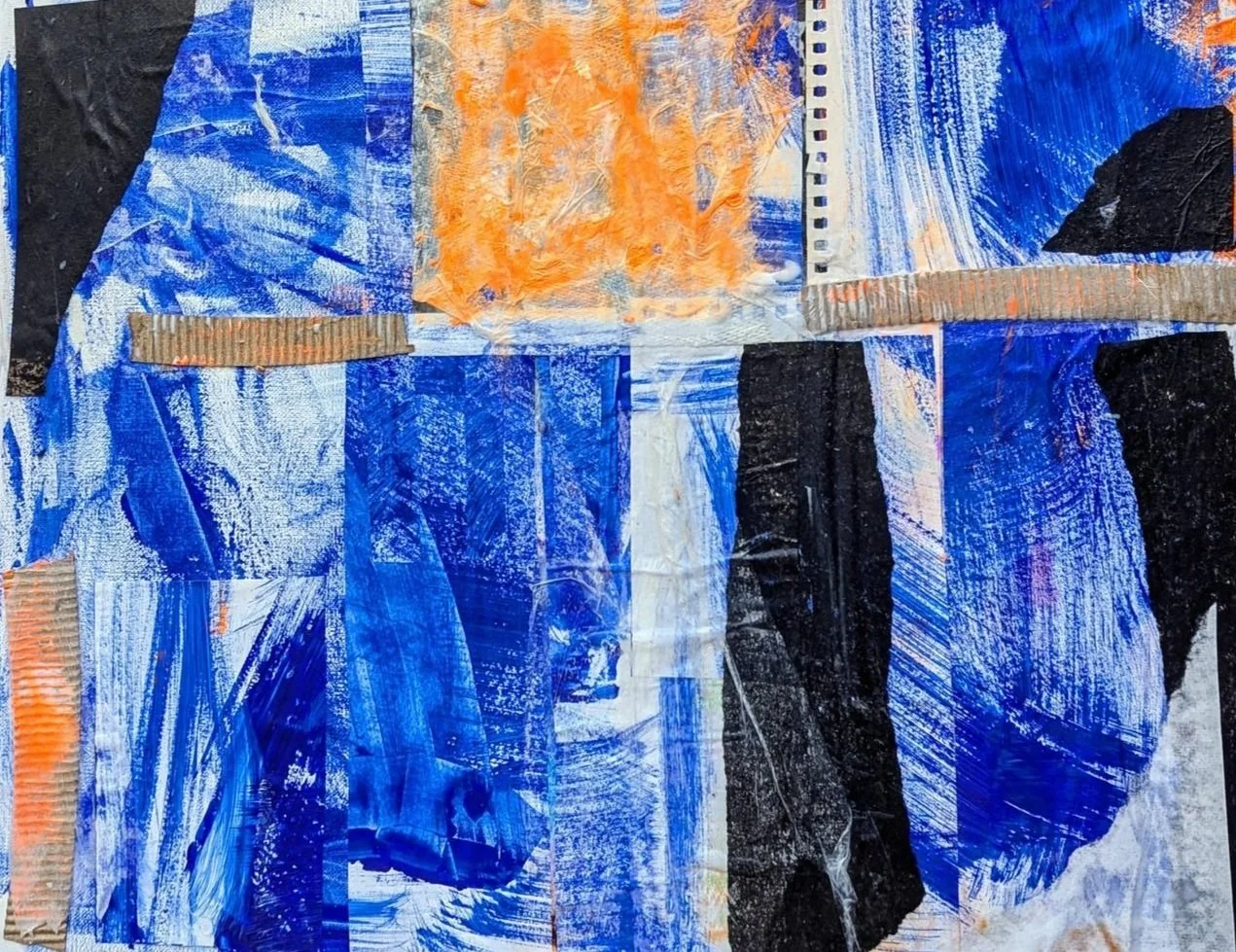 Abstract collage artwork featuring bold blue, black, and orange painted sections with textured tape details.