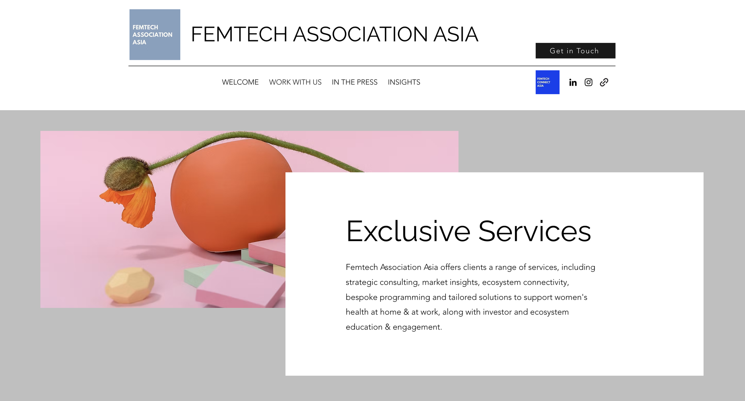 A pink background with a dropped orange poppy flower, an orange sphere, and pastel-colored geometric shapes.