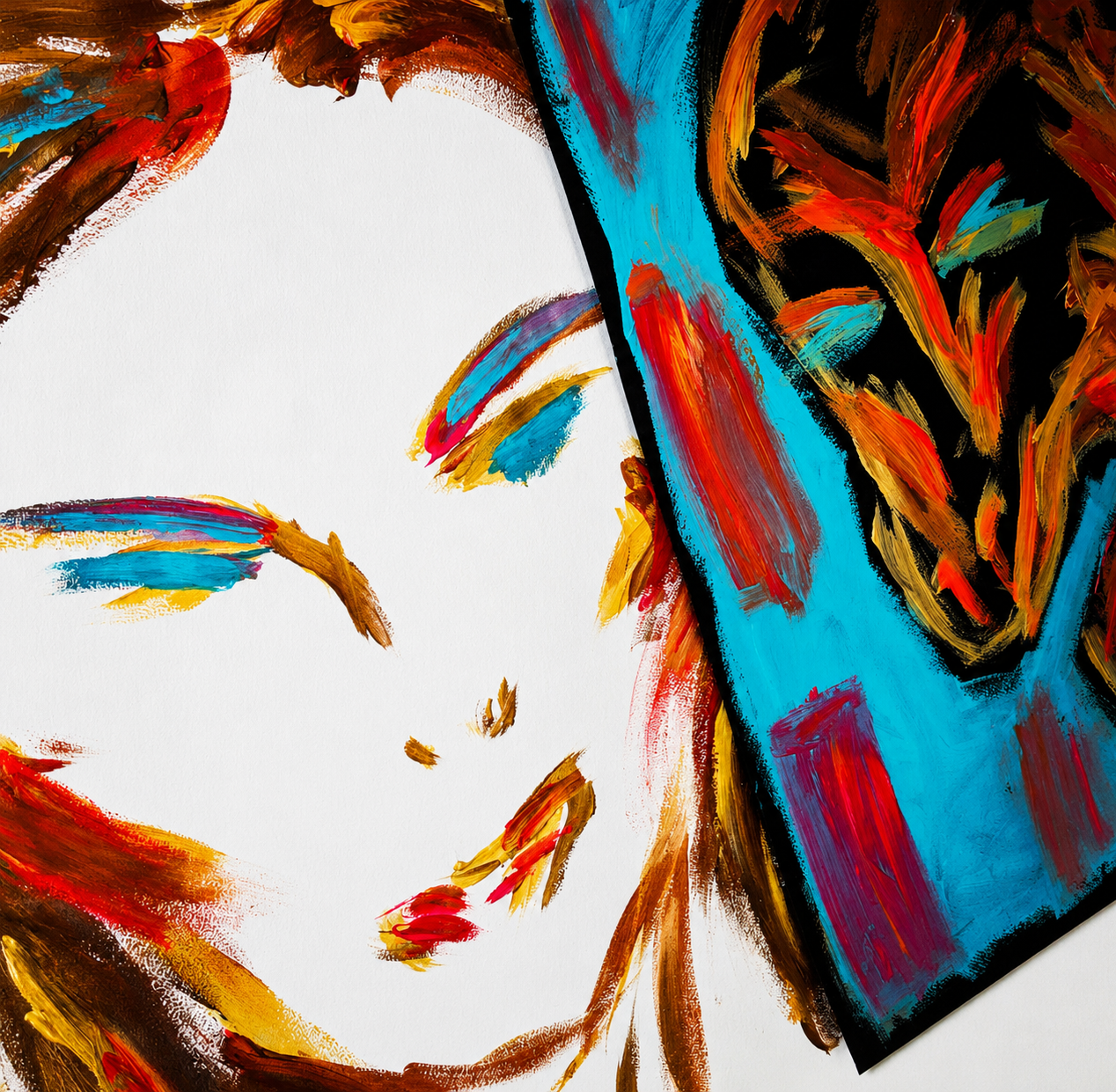 A painting of a woman's face using colorful brushstrokes on a canvas, with closed eyes and abstract features.