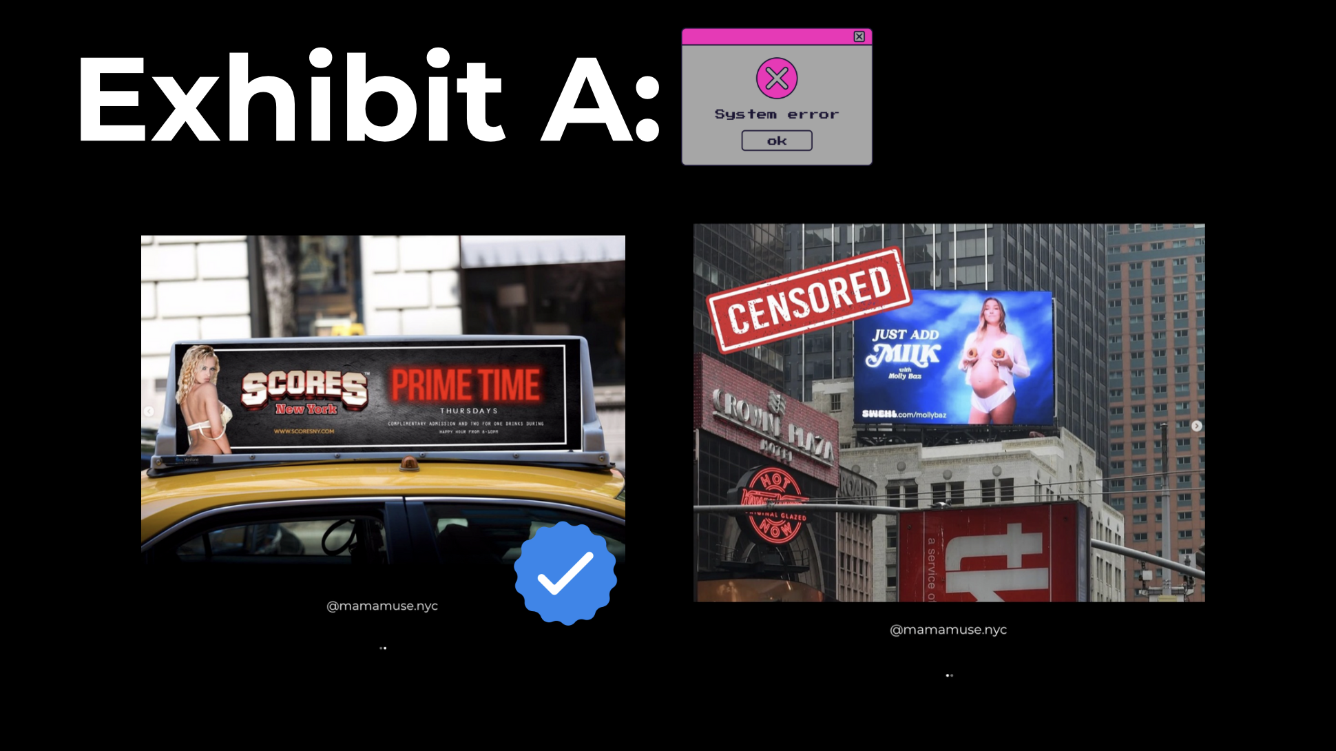 Image split into two sections showing digital billboard advertising. The left side displays a billboard on a yellow taxi cab with the text "Scores New York" and "Prime Time" along with a woman in revealing clothing. The right side shows a cityscape w