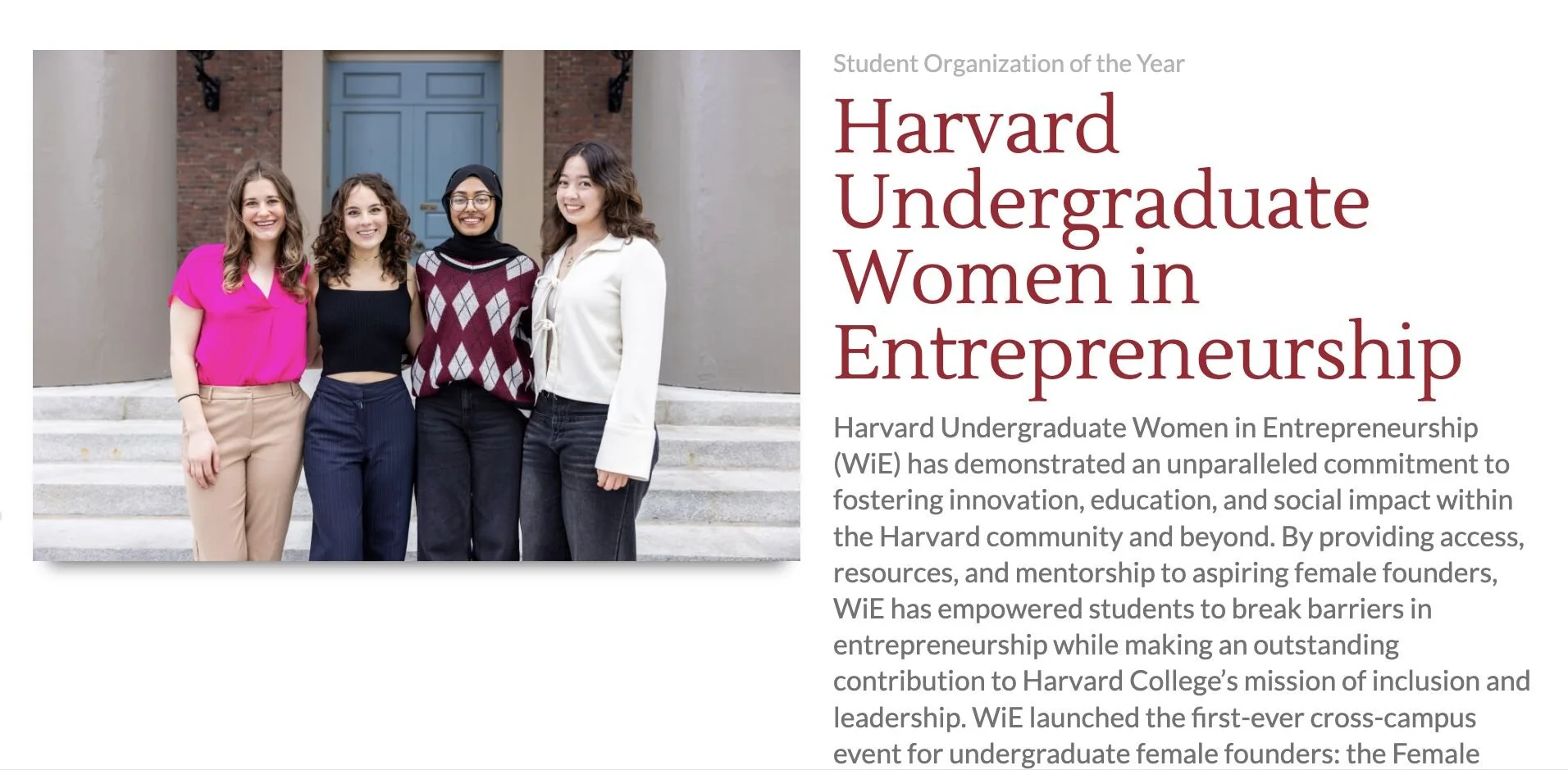 Four diverse young women standing together on steps outside a building, smiling at the camera, celebrating Harvard undergraduate women in entrepreneurship.