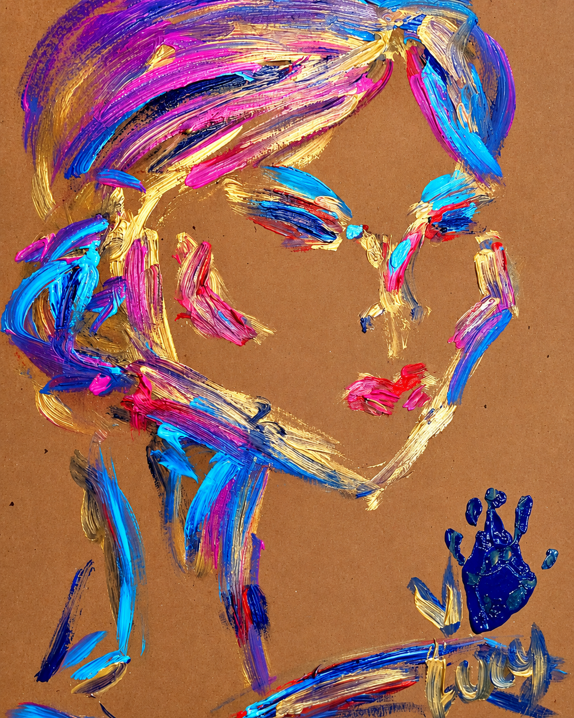 Close-up of a heart-shaped figure painted with colorful streaks of pink, blue, black, and gold on brown paper.