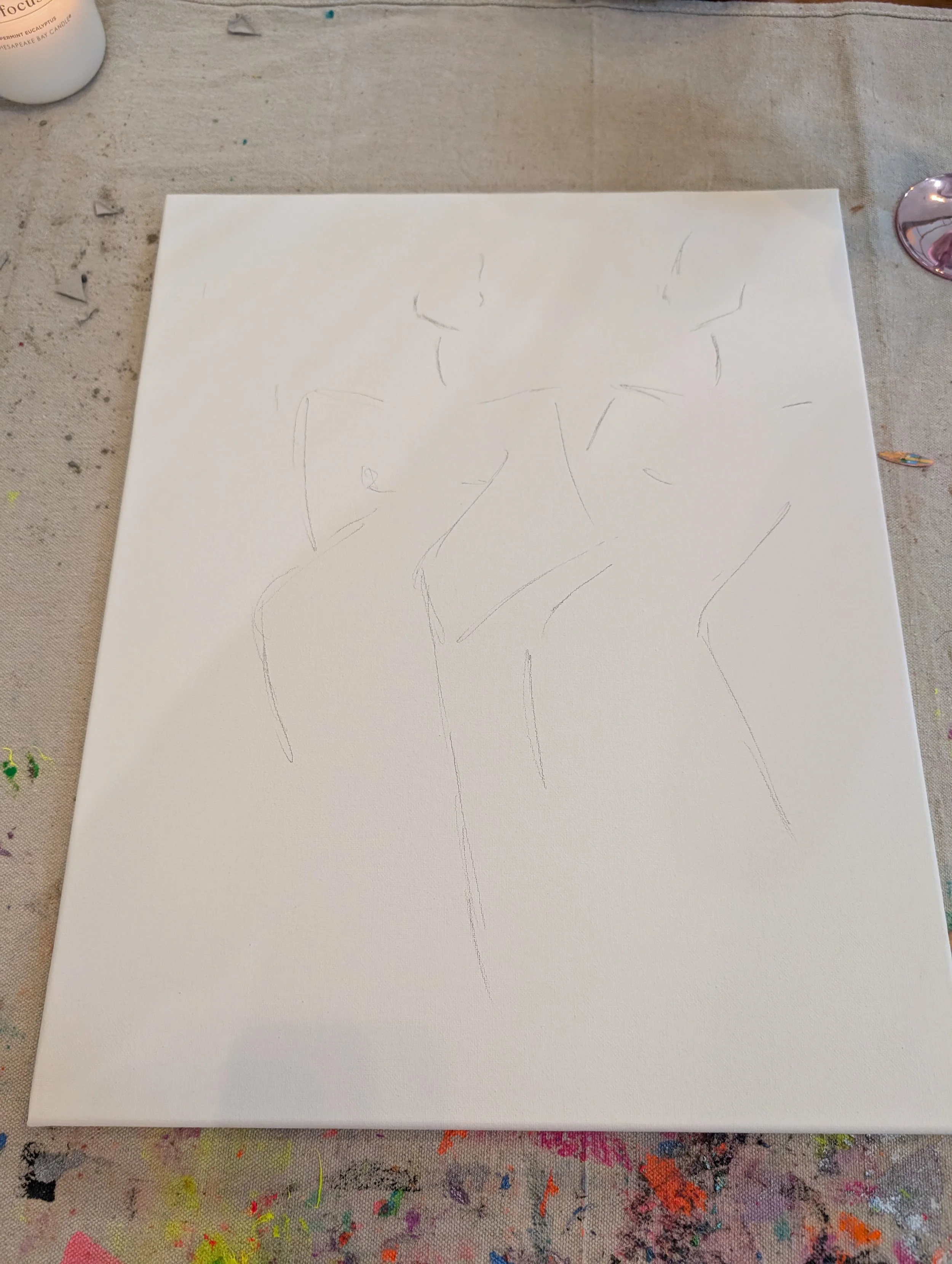 Empty canvas with faint pencil sketches of deer's antlers outline.