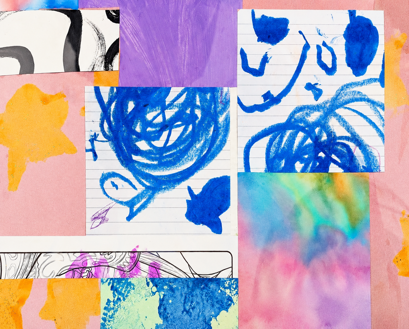 Colorful collage of children's artwork with drawings and painted paper, including blue crayon scribbles and cut-out star shapes.