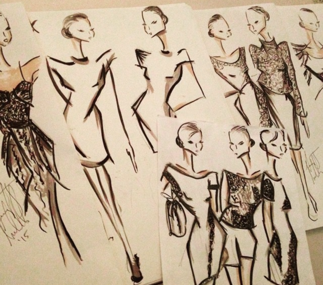 Sketches of women wearing fashionable clothing, some with elegant dresses and others with trendy tops and pants, drawn with black ink on white paper.