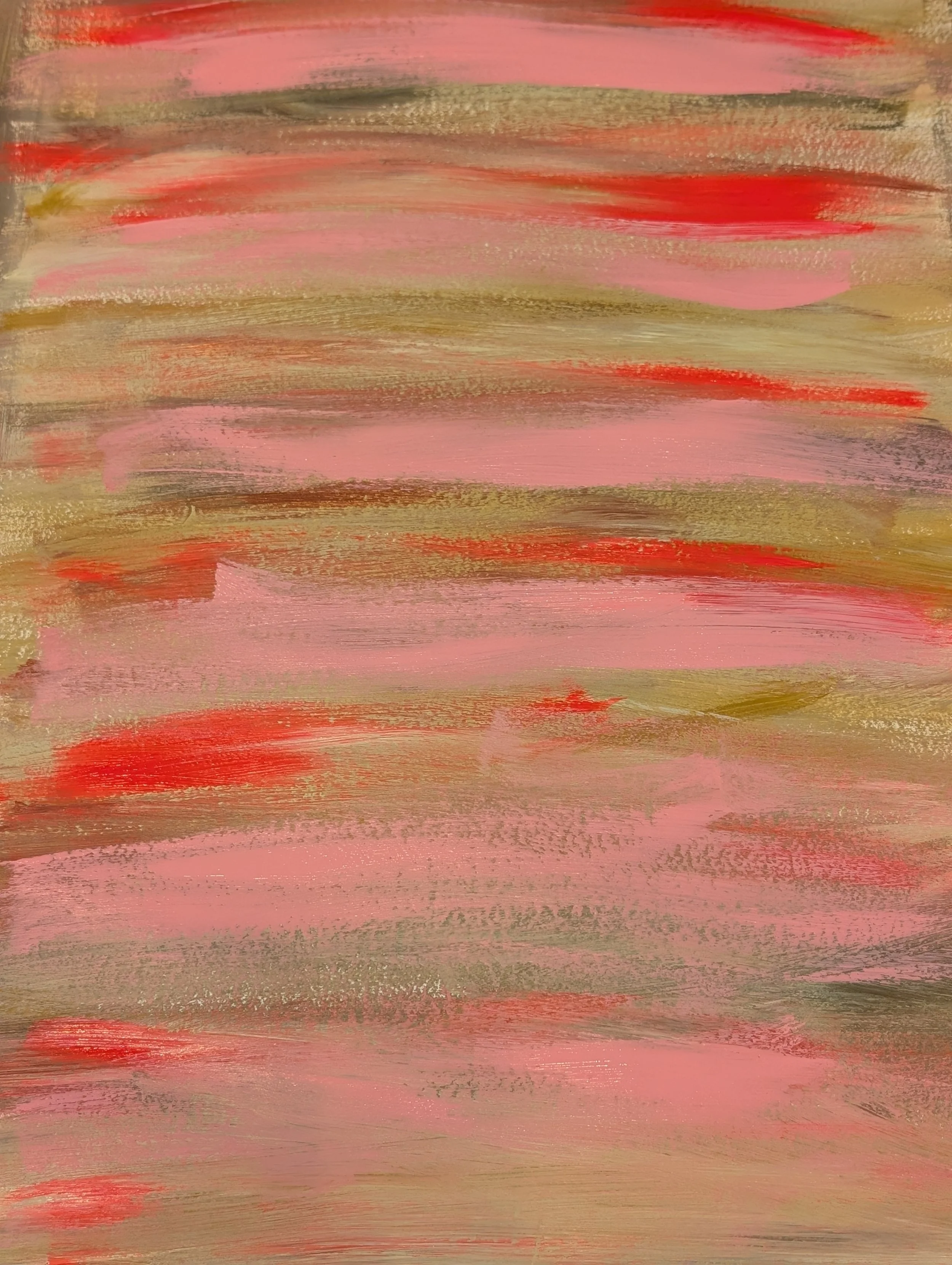 Abstract painting with horizontal strokes of pink, red, beige, and gold colors.