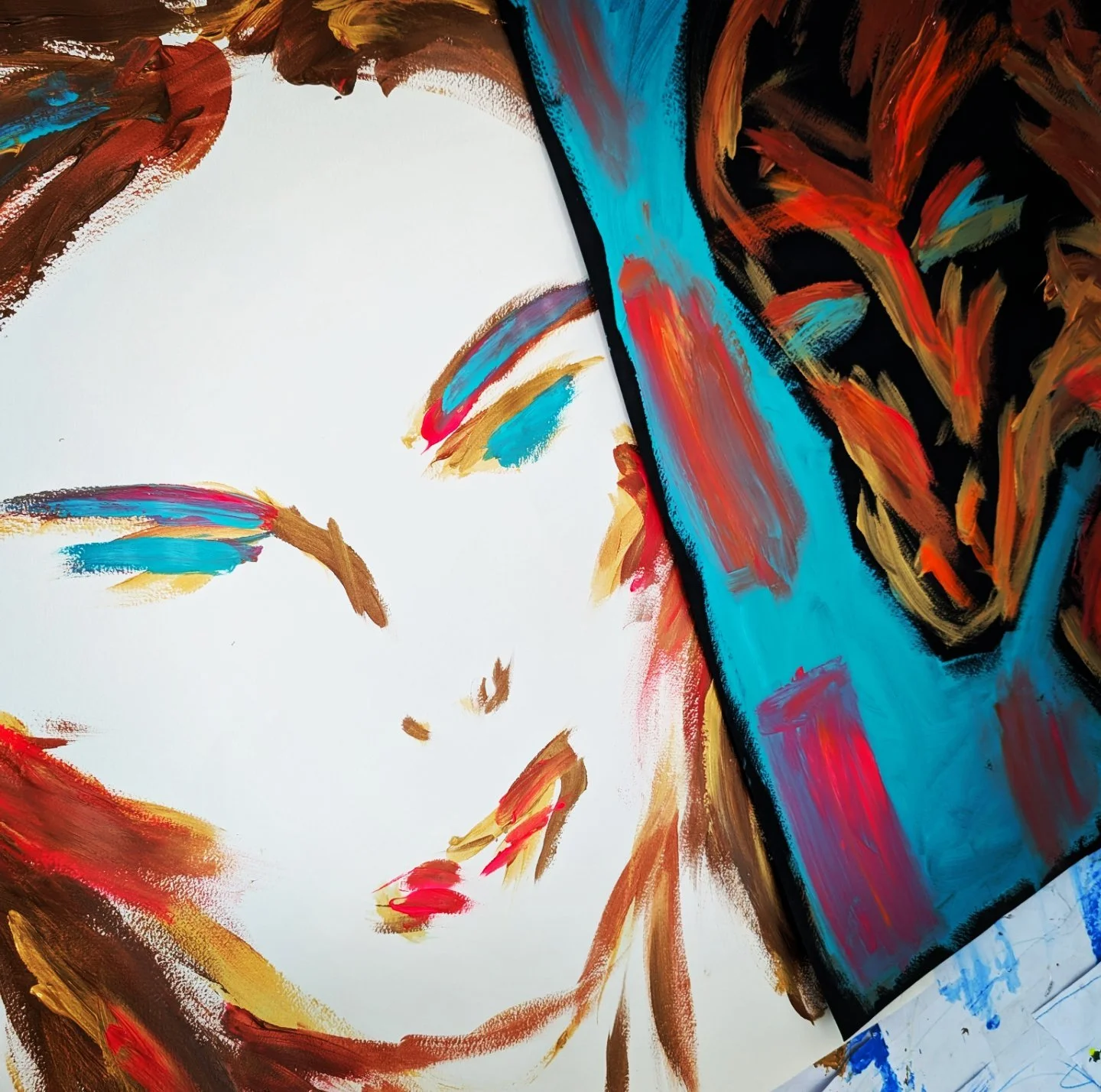 A painting of a woman's face using colorful brushstrokes on a canvas, with closed eyes and abstract features.