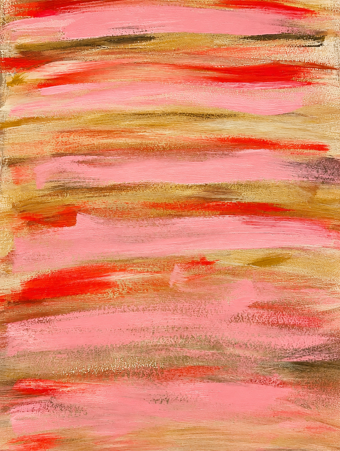 Abstract painting with horizontal strokes of pink, red, beige, and gold colors.