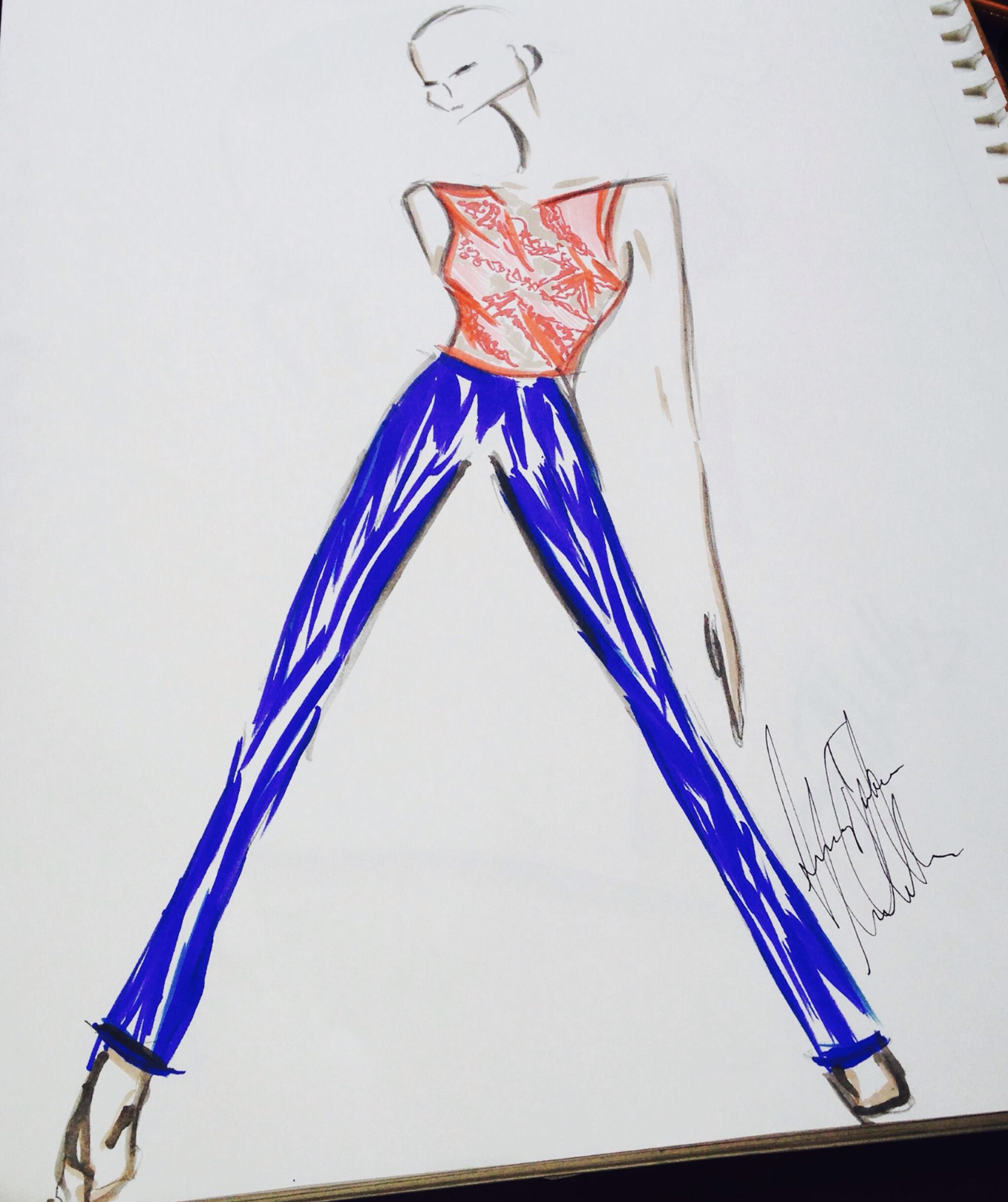 Fashion sketch of a woman in a sleeveless, orange top and blue wide-leg pants, with high heels.
