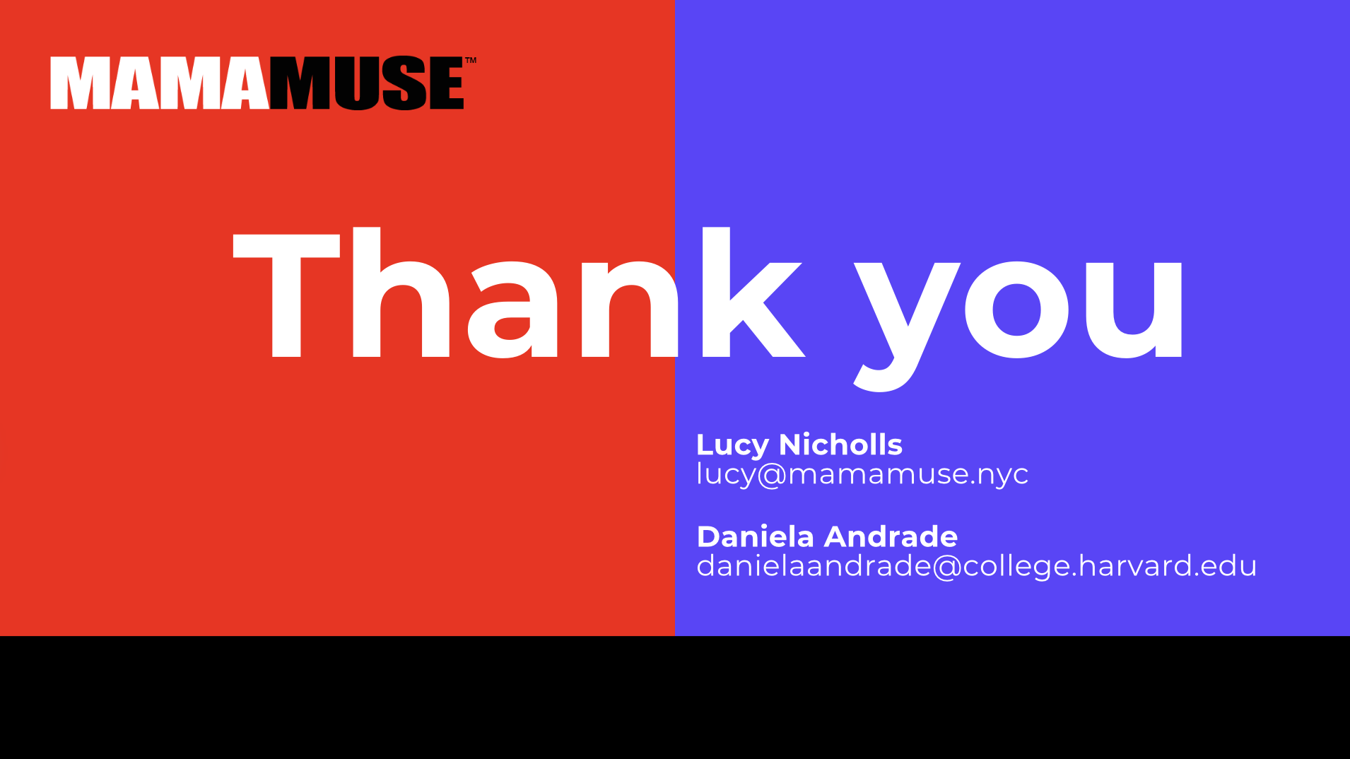 A thank you slide with a red and blue background, featuring the text 'Thank you' in large white letters. The slide includes the names and email addresses of Lucy Nicholls and Daniela Andrade.