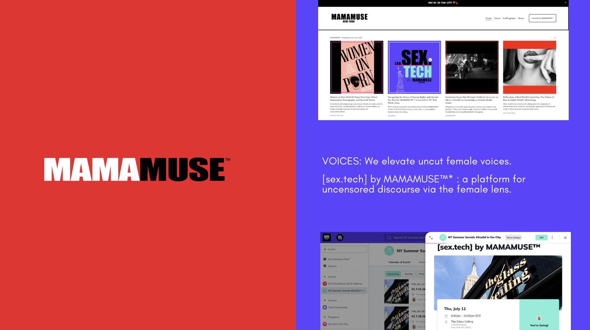 A website homepage with a red background on the left displaying the MAMAMUSE logo in black and white; on the right, a webpage titled "MAMAMUSE NEW YORK" with articles, a description of elevating uncensored female voices, and a screenshot of an event