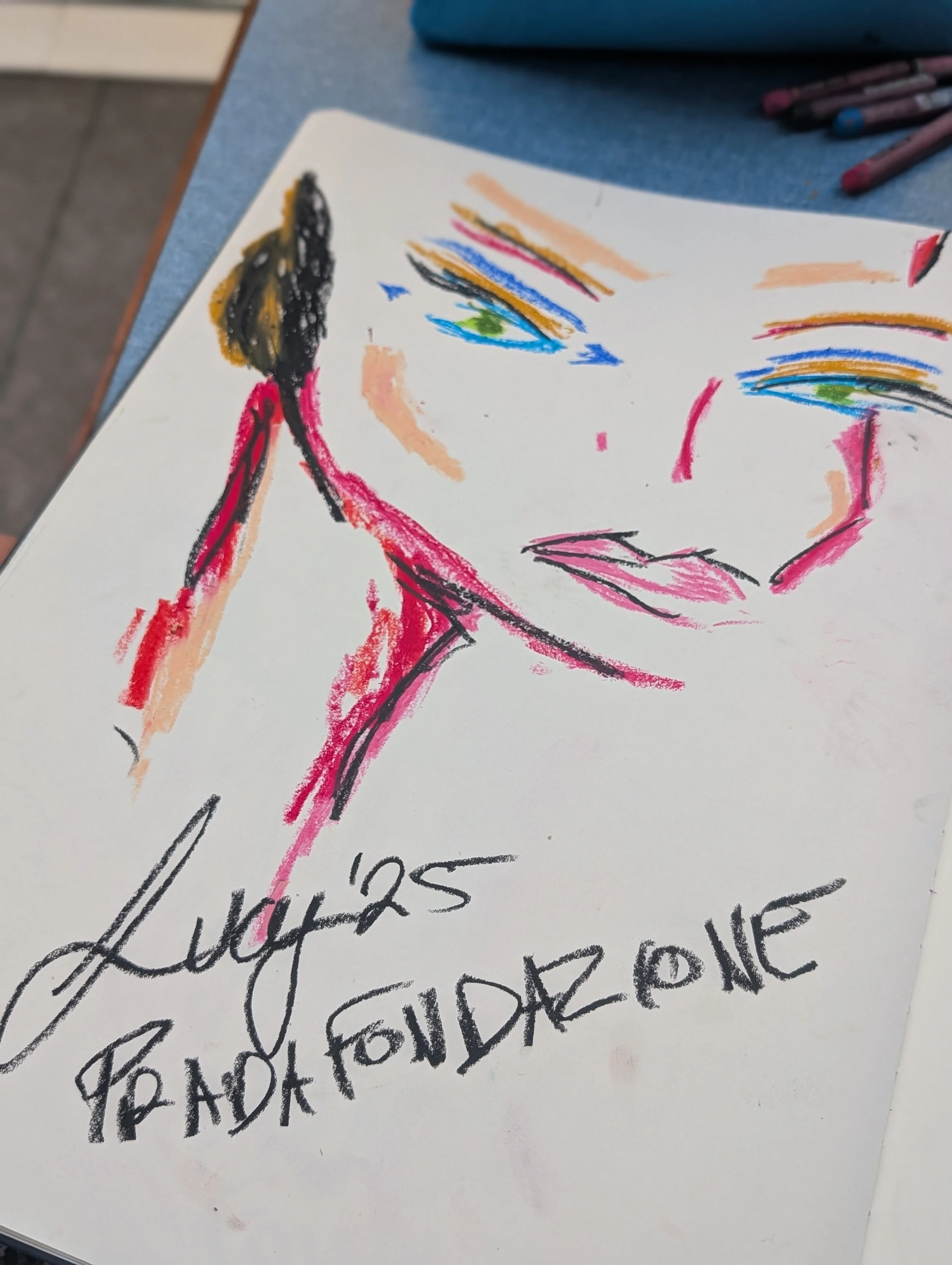 Colorful sketch of a woman's face and hand holding a brush, with the words 'Lush's toothpaste' written at the bottom.