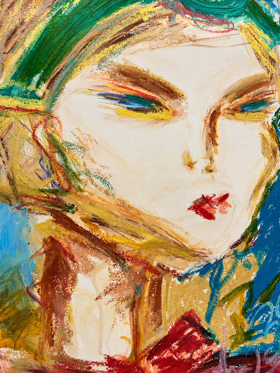 An abstract watercolor painting of a woman's face with closed eyes, lips slightly parted, and long hair, using vibrant colors like green, gold, red, and blue.