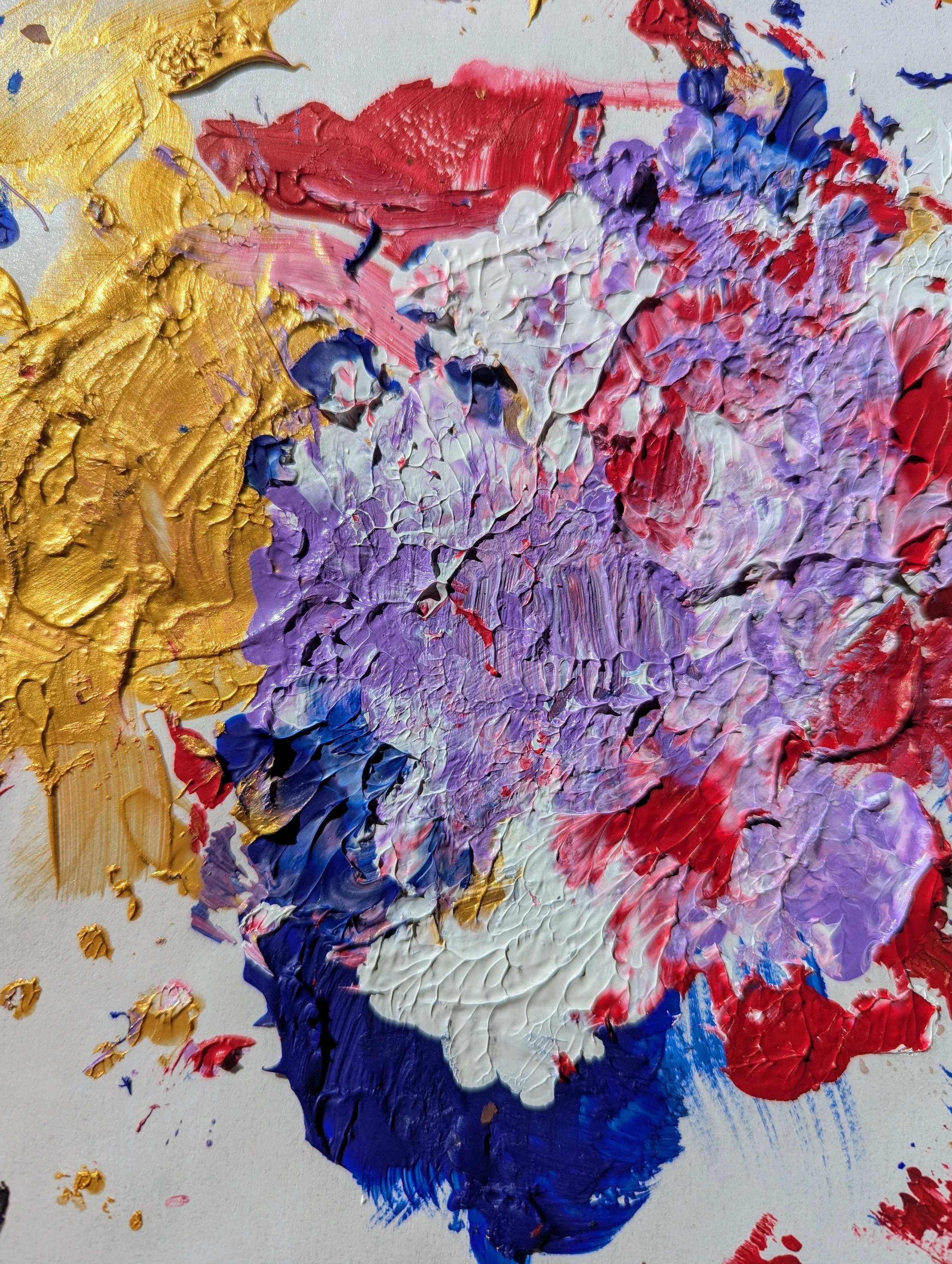 Abstract thick acrylic paint in shades of purple, red, white, gold, and blue on canvas.