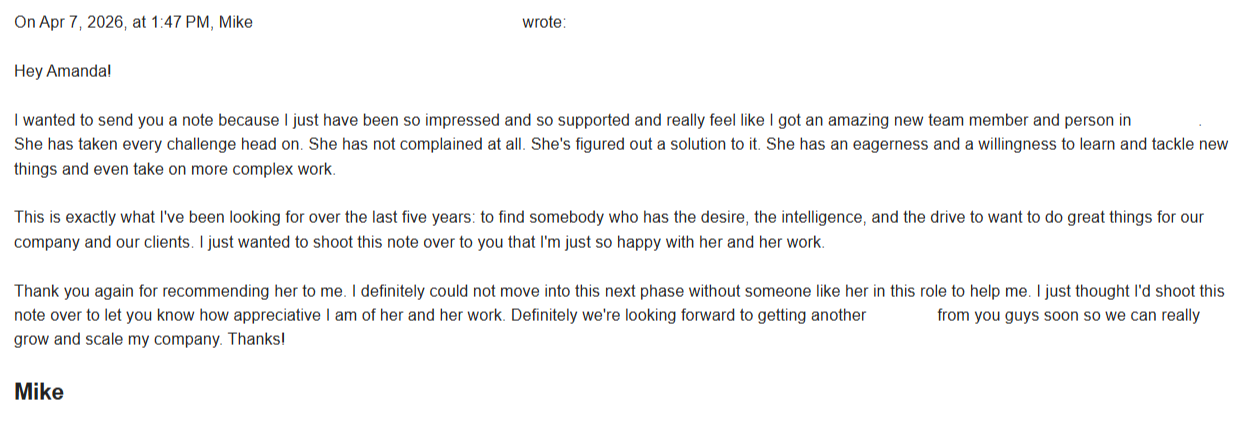 Email screenshot from client praising their assistant’s performance and support