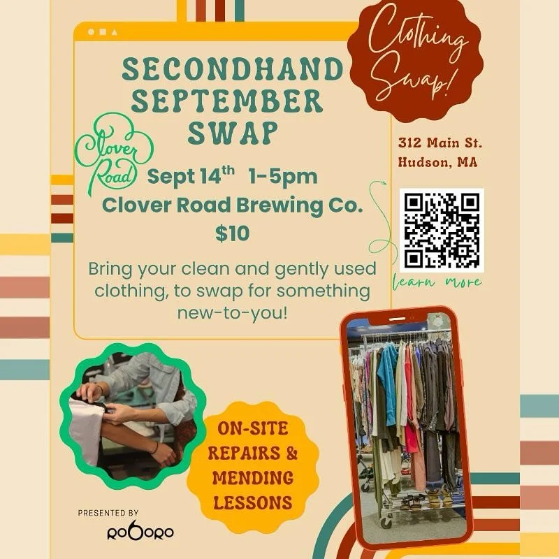 #SecondhandSeptember is almost here, just in time for #BackToSchool shopping! Thanks to @cloverroadbrewing we&rsquo;re hosting a day of sustainable swapping, shopping, and mending right here in Central MA 🦞♻️🧵🪡. We&rsquo;ll bring a curated selecti