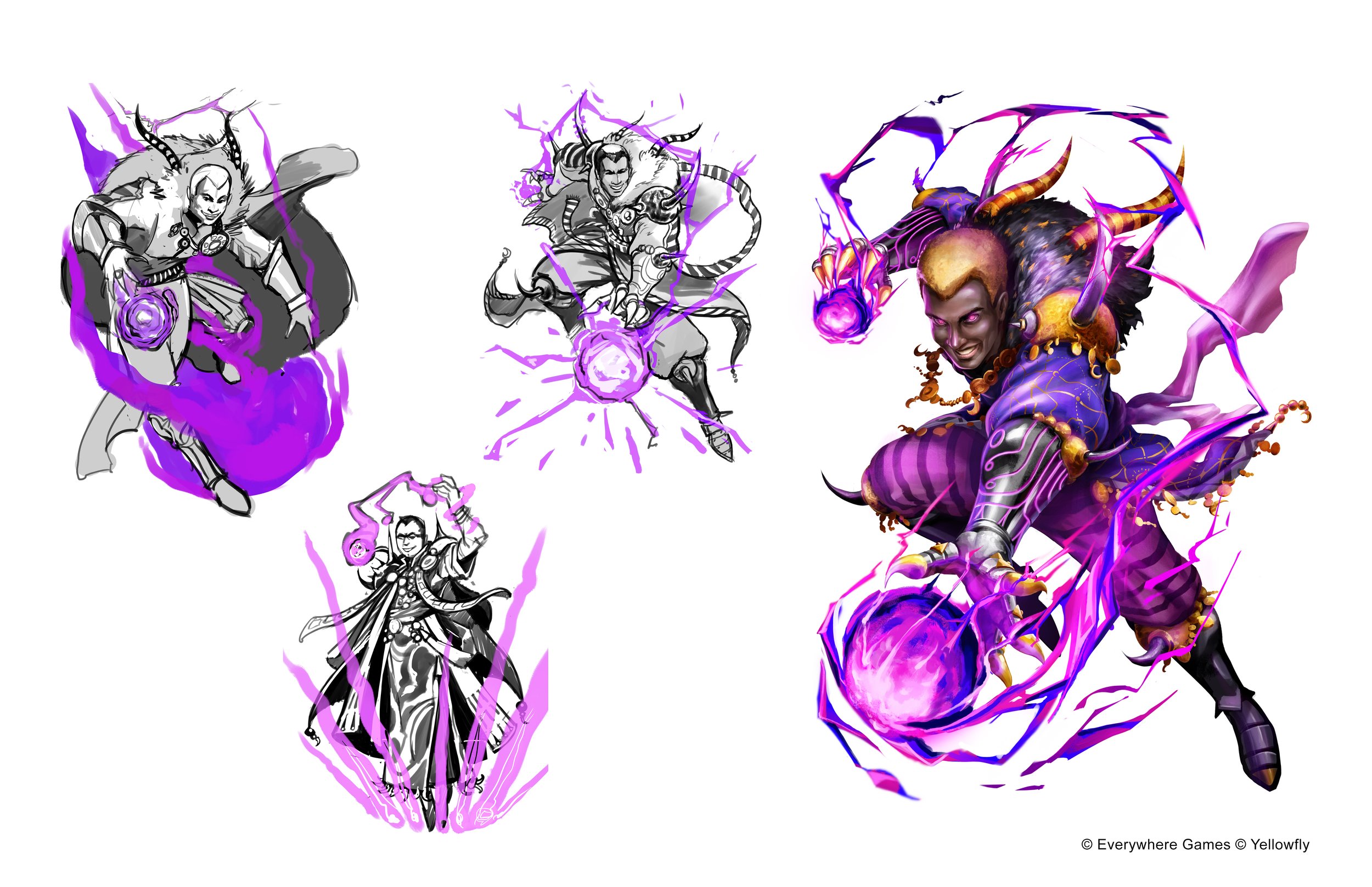 Sketches and Final Art for a powerful rare character. My attempt at sneaking Wesley Snipes and AMANO references into the game.