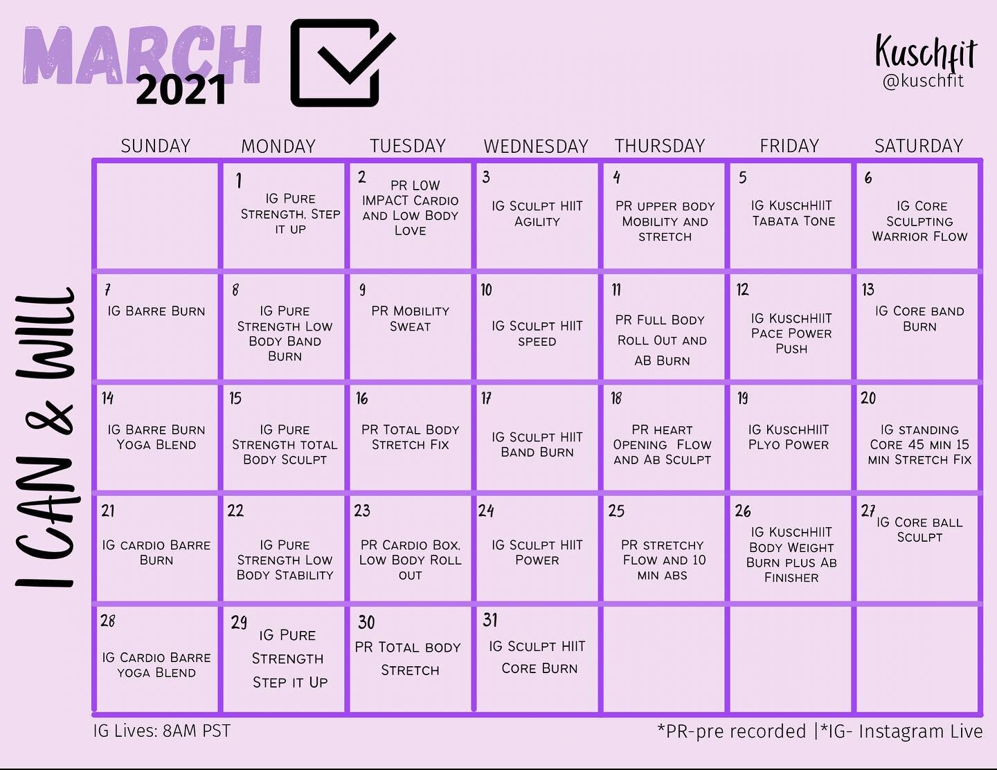 Here&rsquo;s a look at March!!! The best place to start, is to start. Join my online fitness studio membership or just drop in to a class! Like, comment, save, share. Think of this is any studio schedule, you can follow along every day with it or you