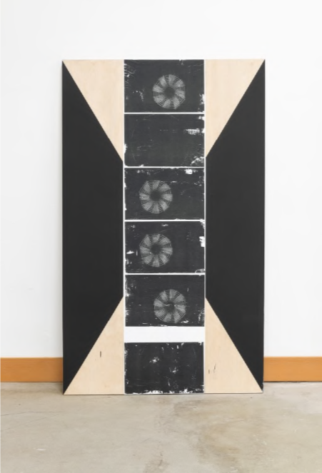 Sara Siestreem, condor (running hoops around you), 2015-2021, Acrylic and Xerox transfer on panel, 70.5” x 42.5”